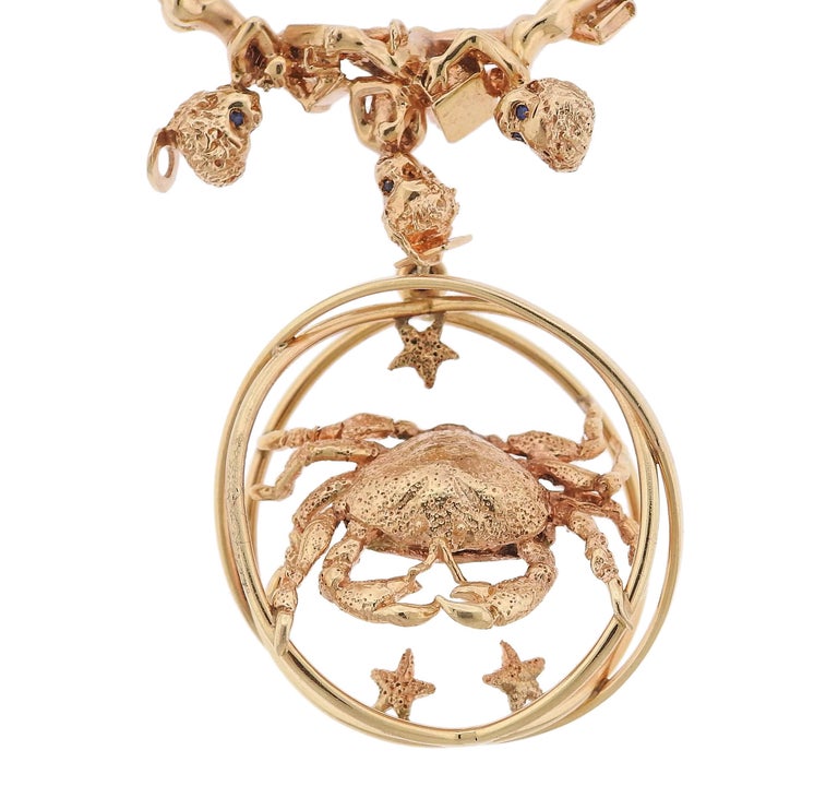 Ruser Retro Gold Sapphire Cherub Bracelet Cancer Zodiac Charm at