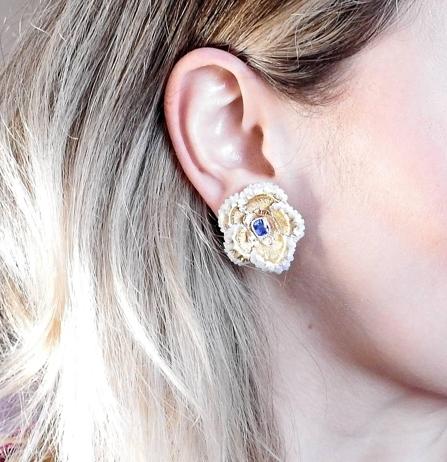 Buccellati Sapphire Tri Color Gold Flower Earrings 1