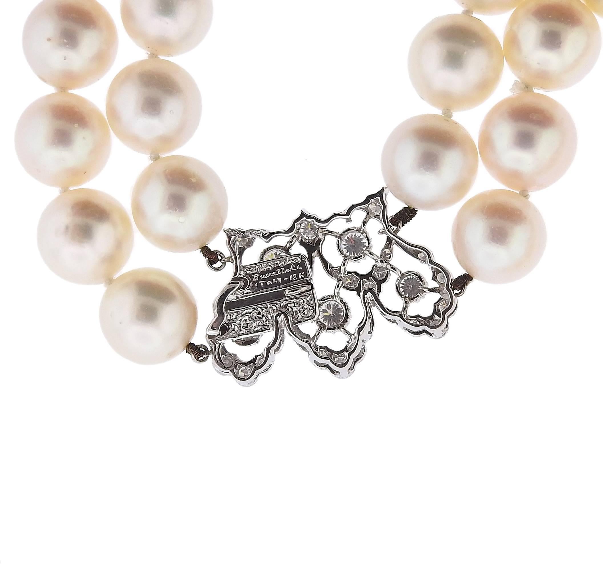 Buccellati Pearl Diamond Gold Double Strand Necklace In New Condition In Lambertville, NJ