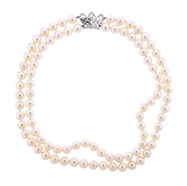 Buccellati Pearl Diamond Gold Double Strand Necklace at 1stDibs