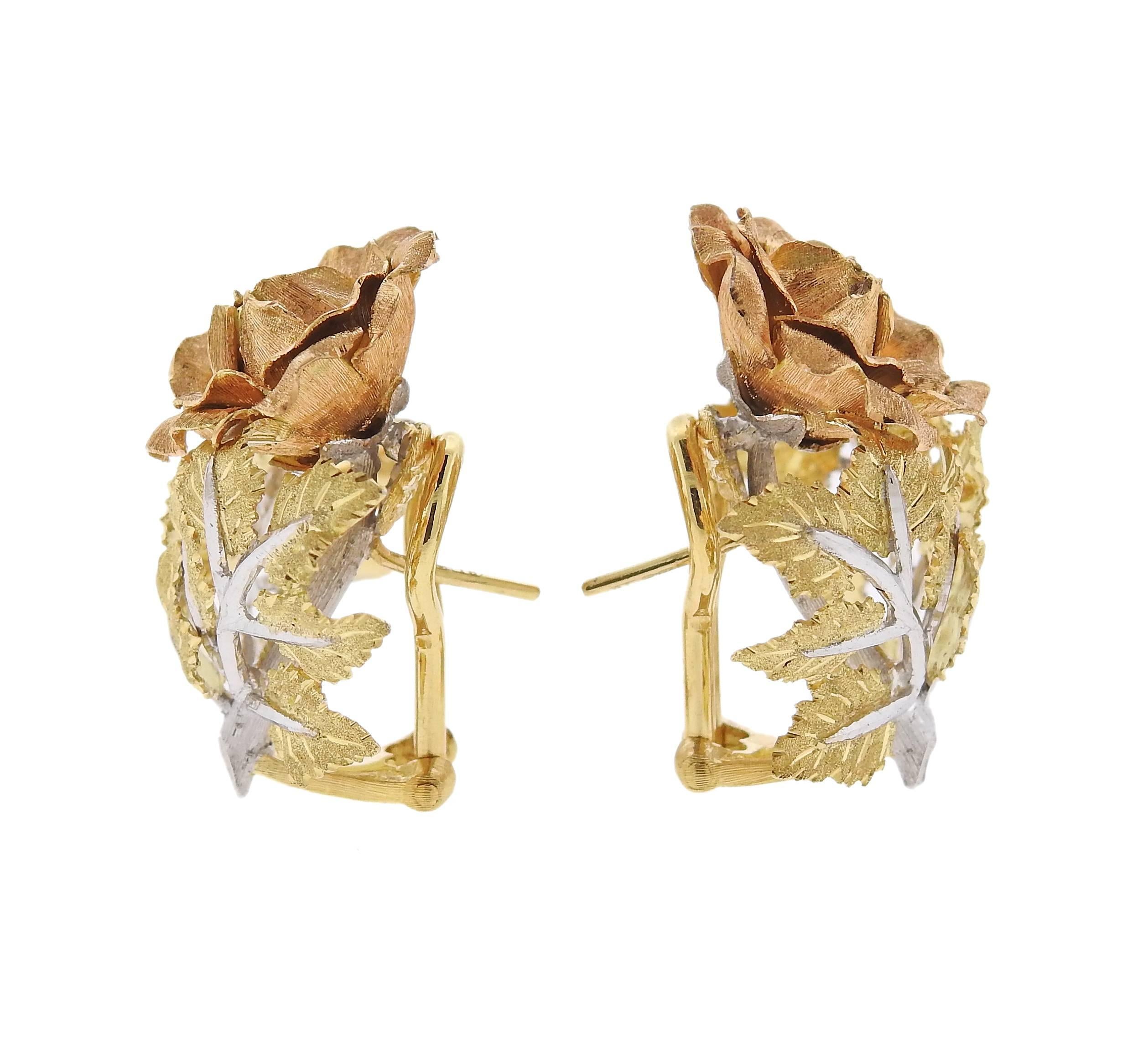 A pair of 18k tri color earrings, crafted by Buccellati, featuring rose flower bush.  Earrings are 25mm x 21mm.  Marked: D5154, Buccellati, Italy, 18k. Weight  - 14.6 grams.
With pouch. Retail $13900. 