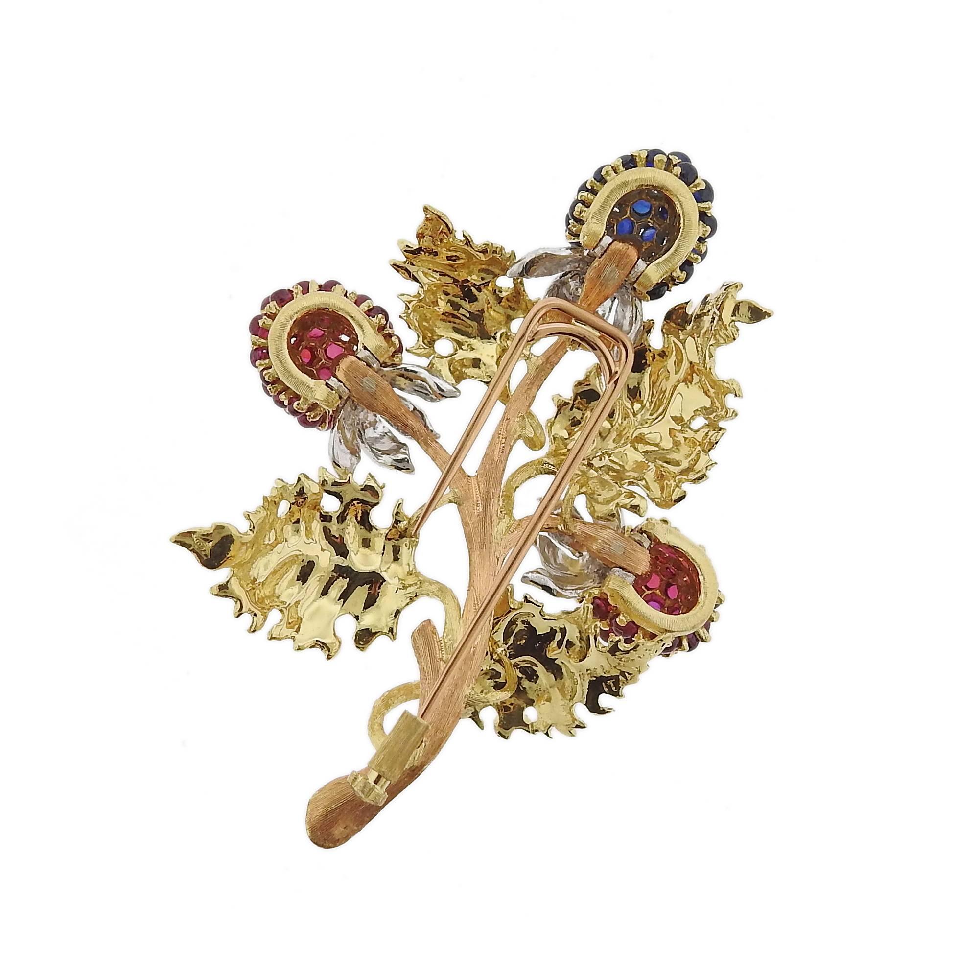 Buccellati Ruby Sapphire Tri Color Gold Brooch Pin In New Condition For Sale In Lambertville, NJ