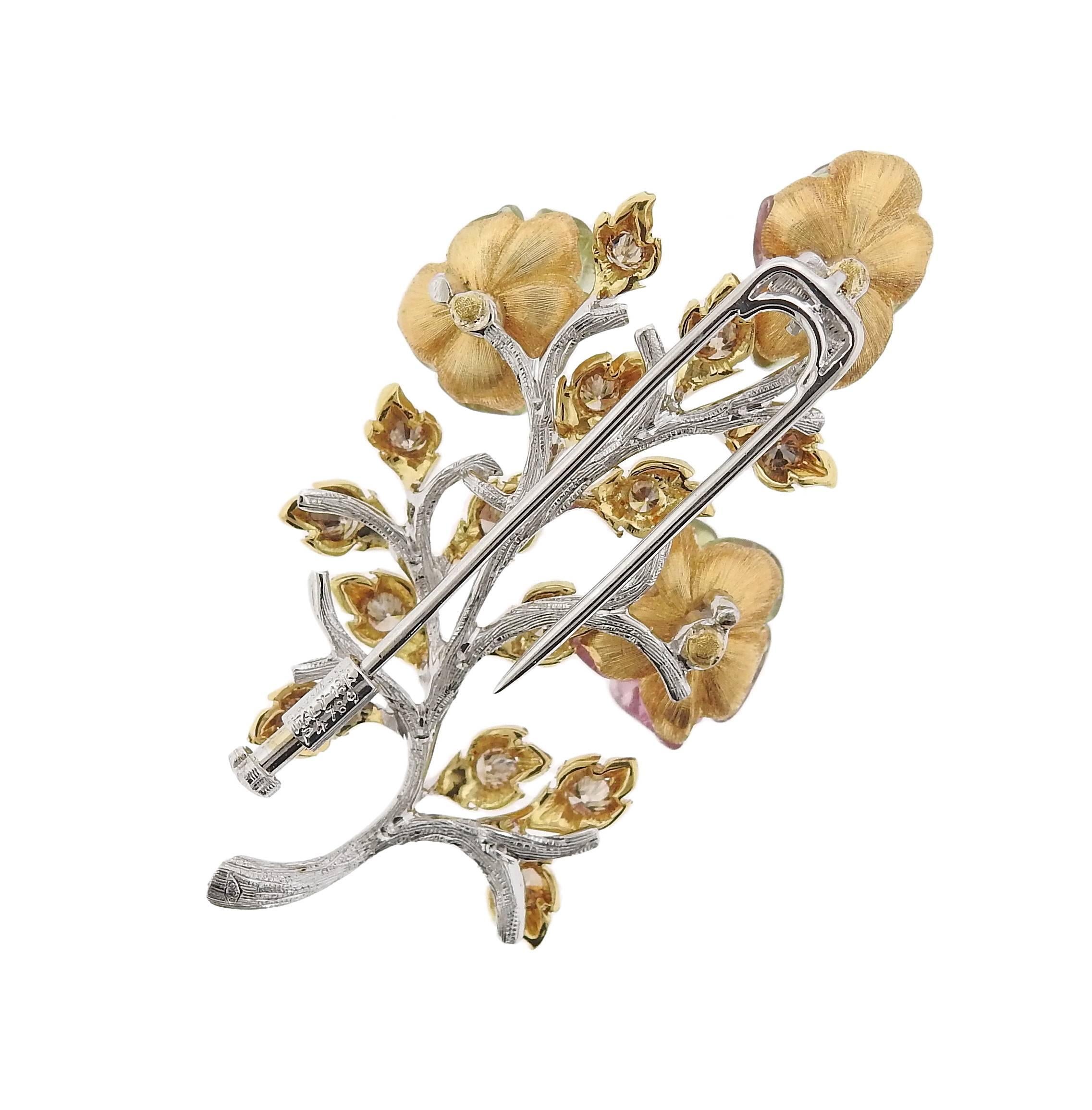 Buccellati Tourmaline Diamond Gold Flower Brooch In New Condition In Lambertville, NJ