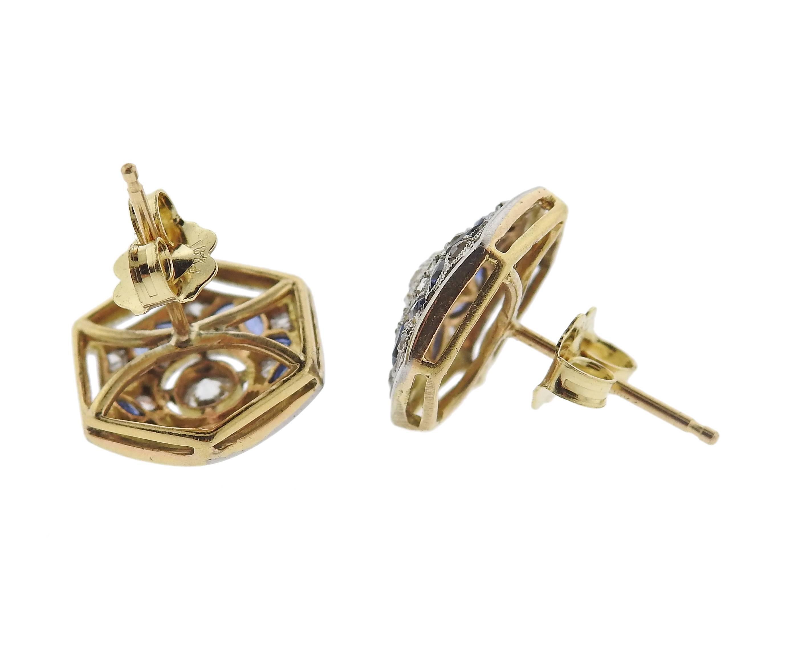 Art Deco Diamond Sapphire Gold Stud Earrings In Excellent Condition In Lambertville, NJ
