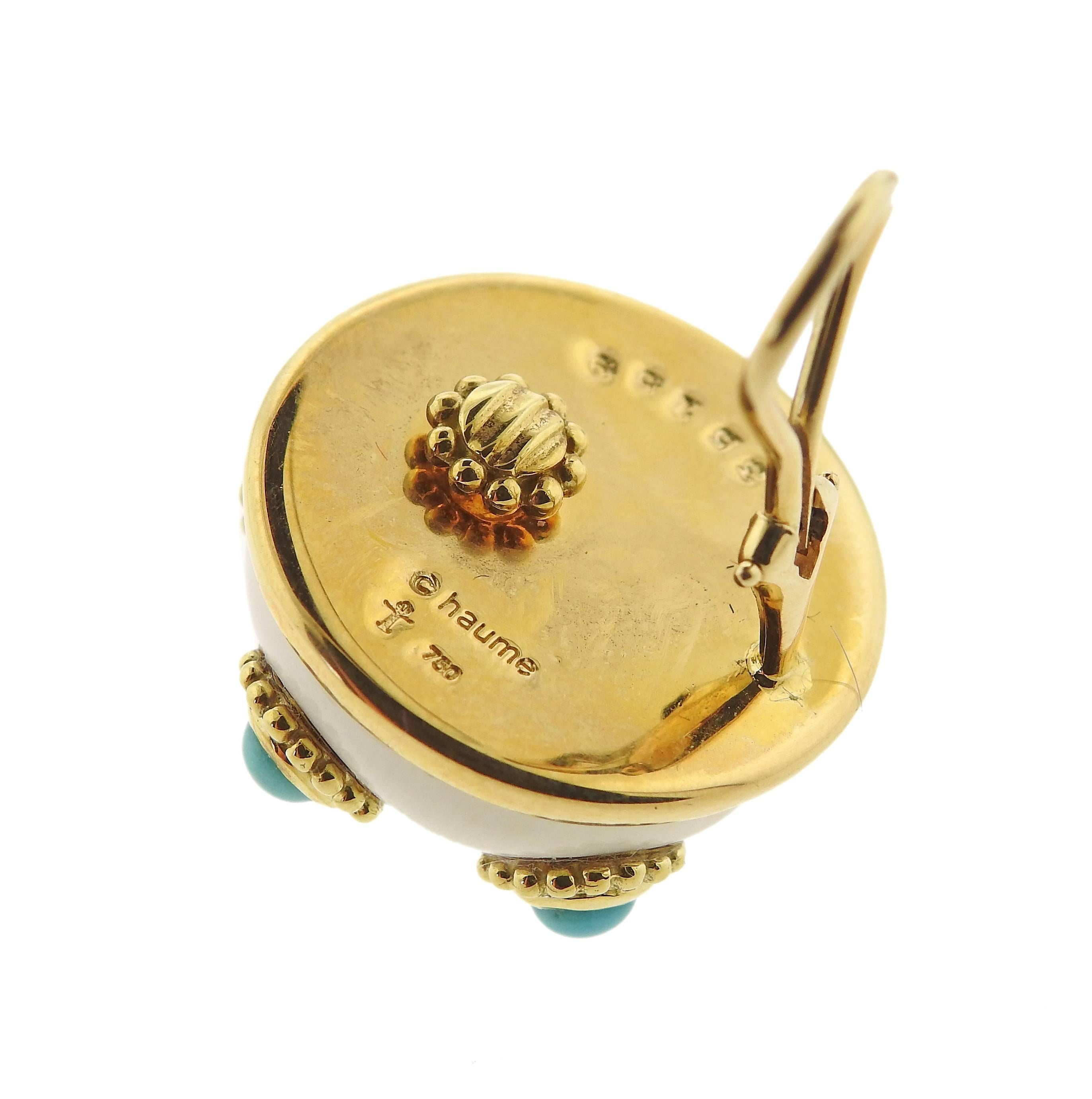 Women's or Men's Adria de Haume Turquoise Hardstone Gold Button Earrings