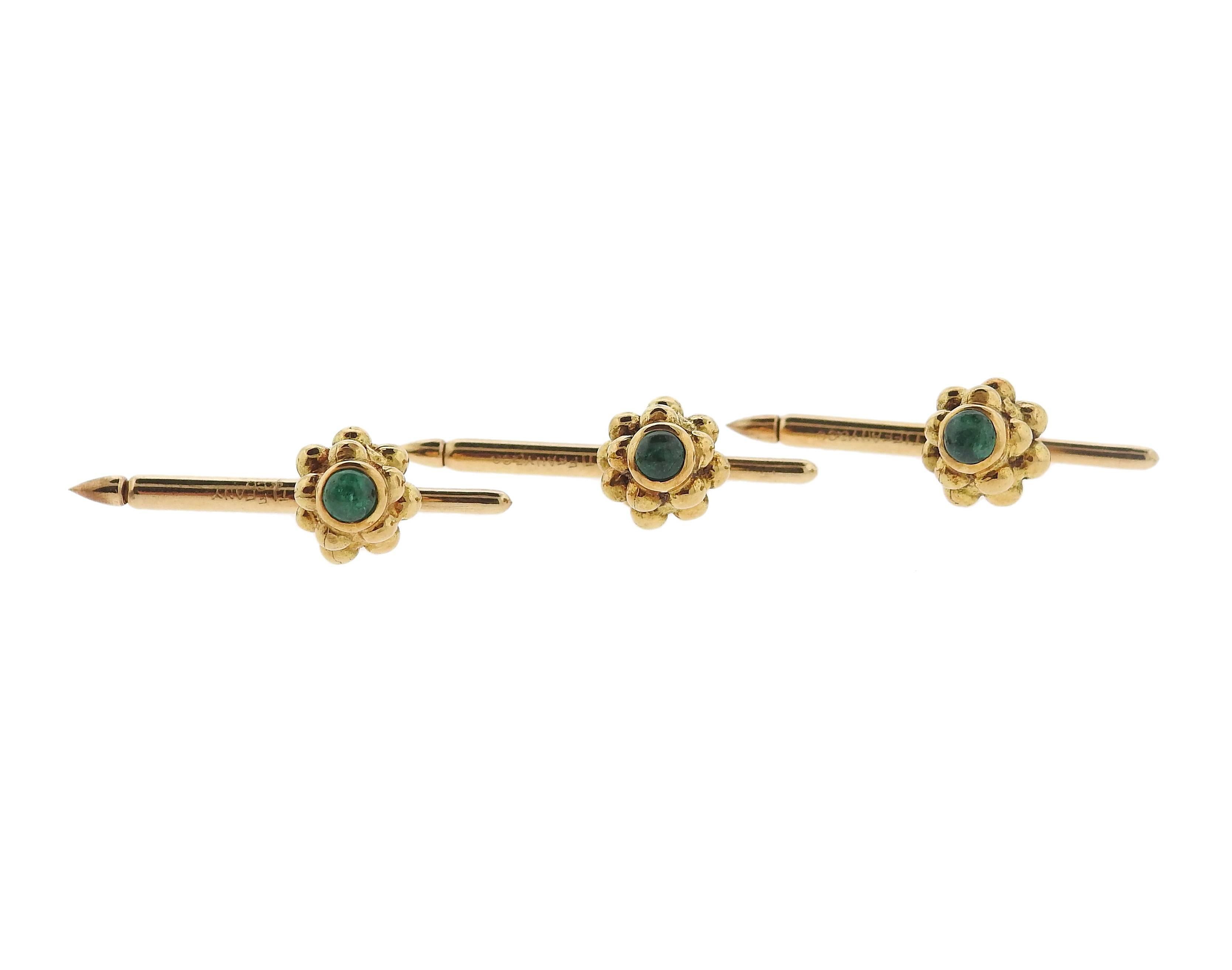 Tiffany & Co. Emerald Gold Cufflinks Stud Dress Set In Excellent Condition For Sale In Lambertville, NJ