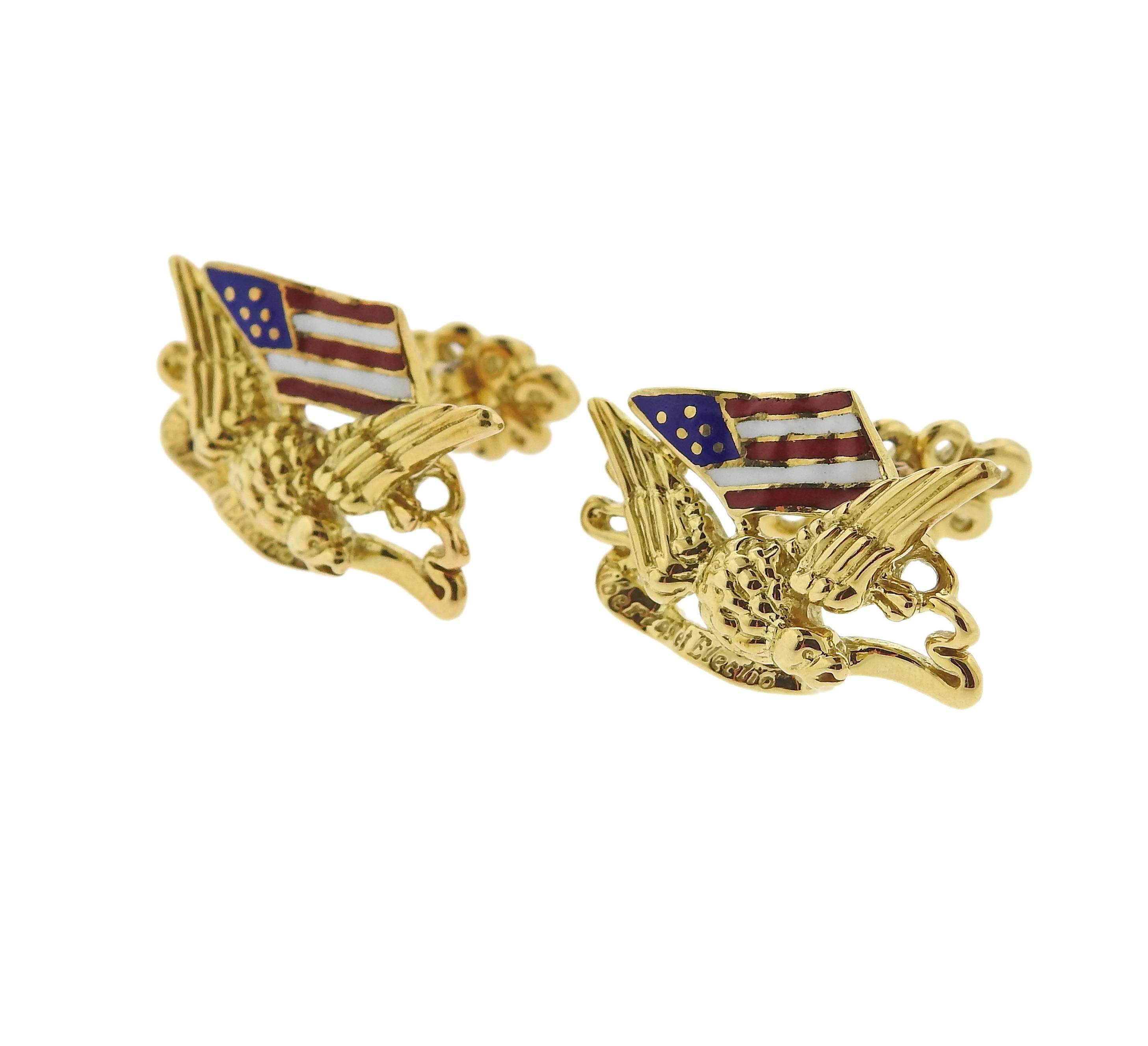 Pair of 18k gold cufflinks, crafted by Haume,  depicting Freedom Eagle with enamel American flag. Cufflink top measures 26mm x 17mm. Marked; Haume 18k. Weight of the set - 20 grams.