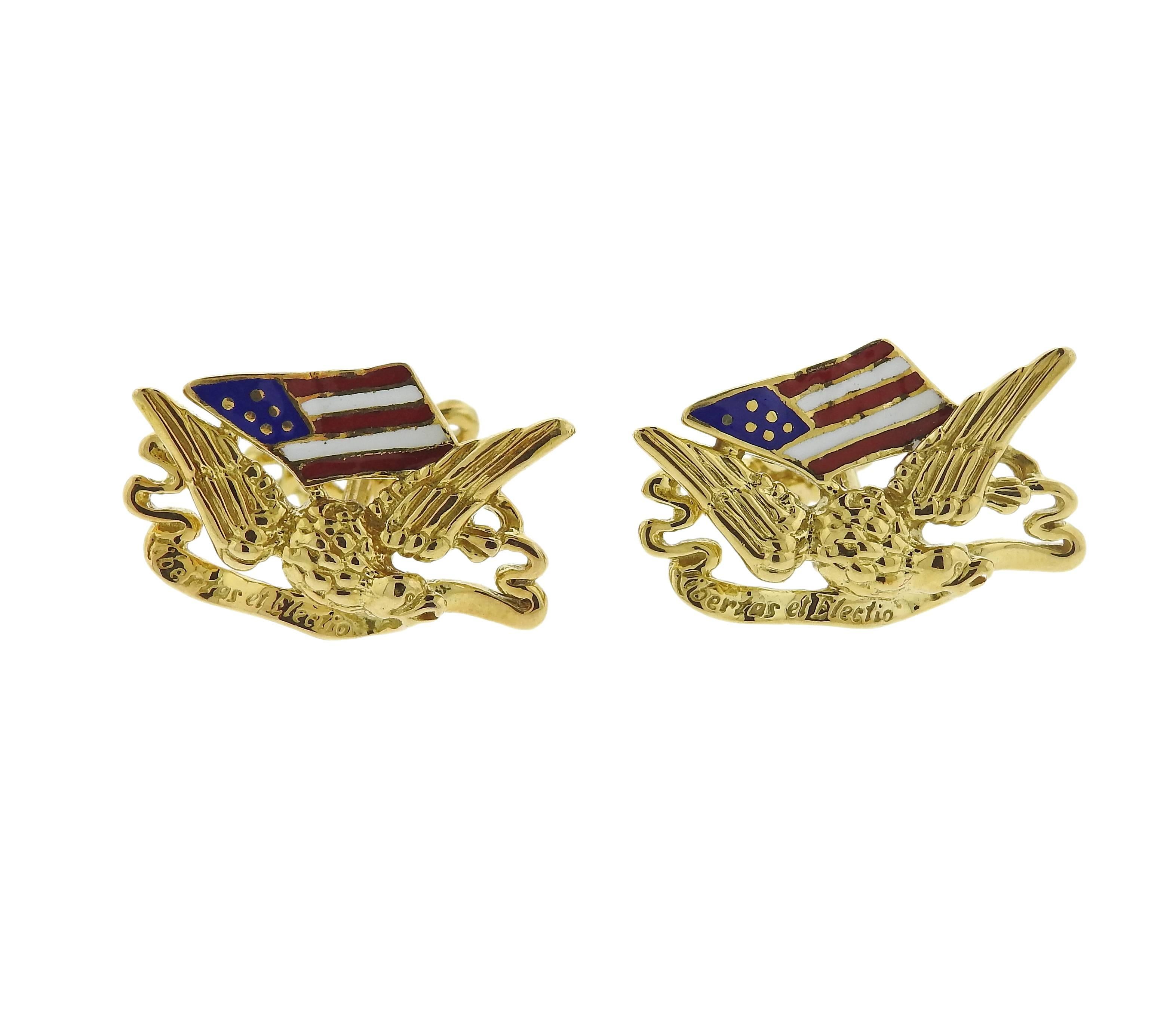Haume Gold Enamel Freedom Eagle American Flag Cufflinks 
