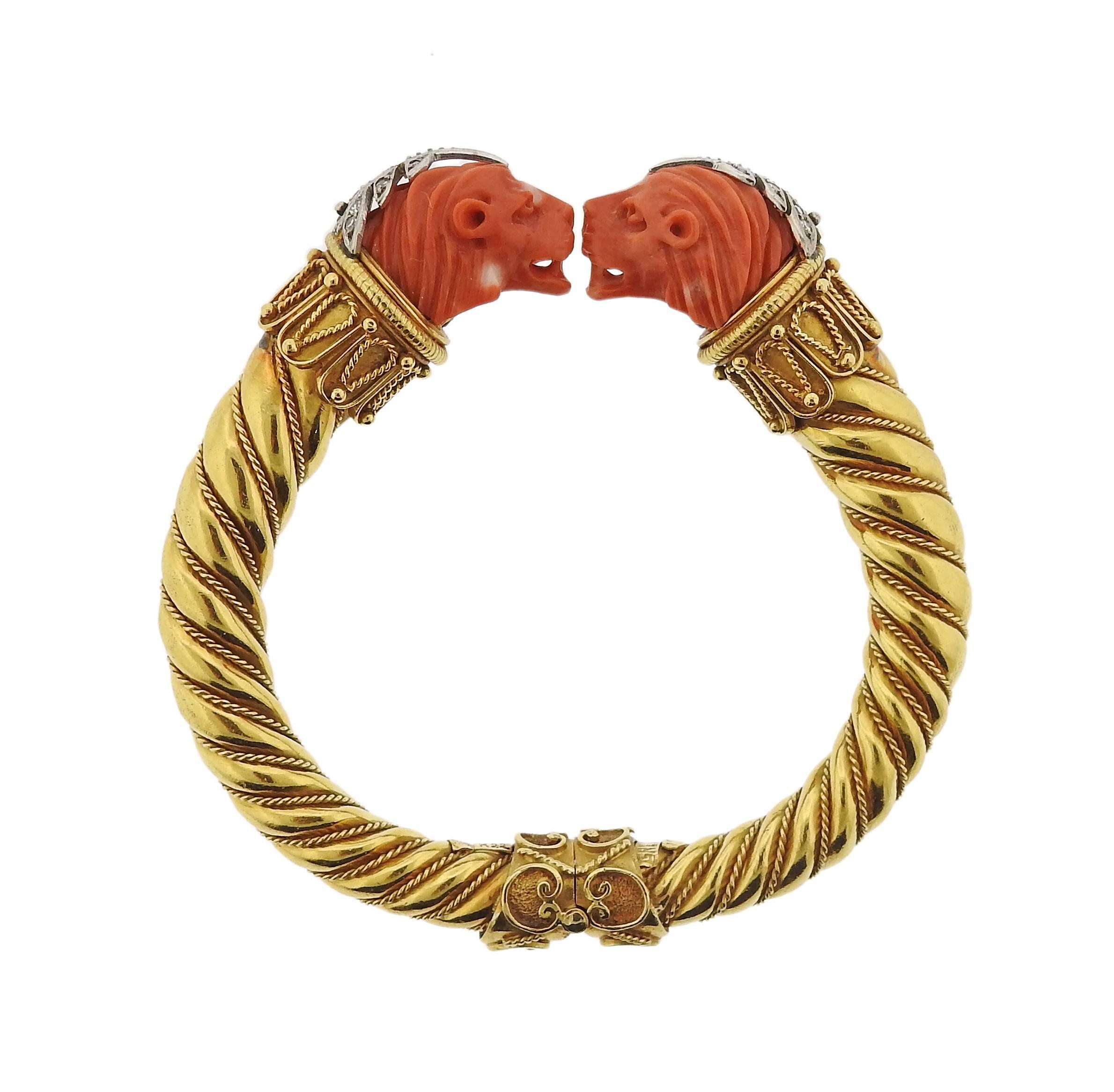 Greek Carved Coral Diamond Gold Lion Bangle Bracelet 