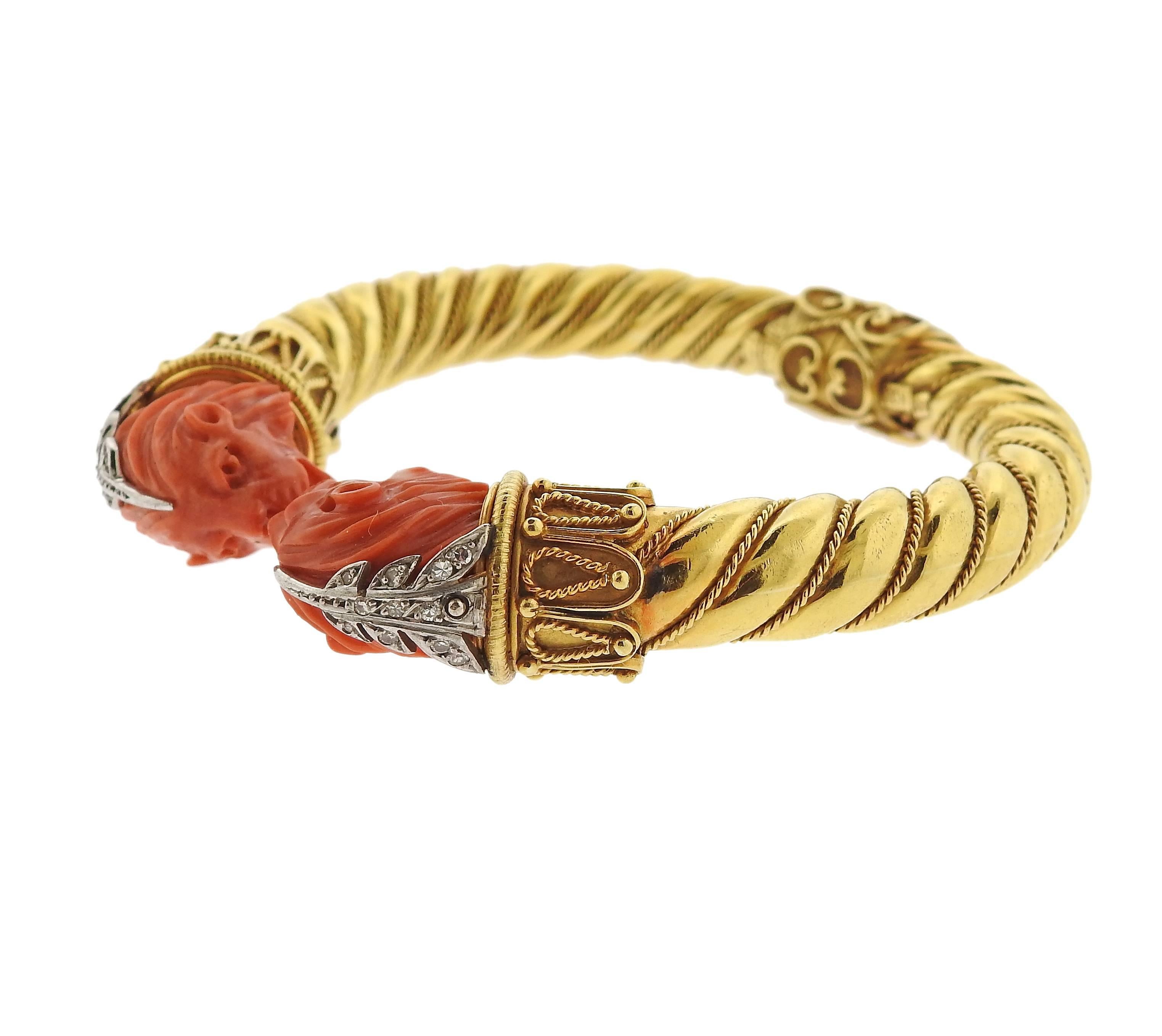 Greek Carved Coral Diamond Gold Lion Bangle Bracelet  In Excellent Condition In Lambertville, NJ