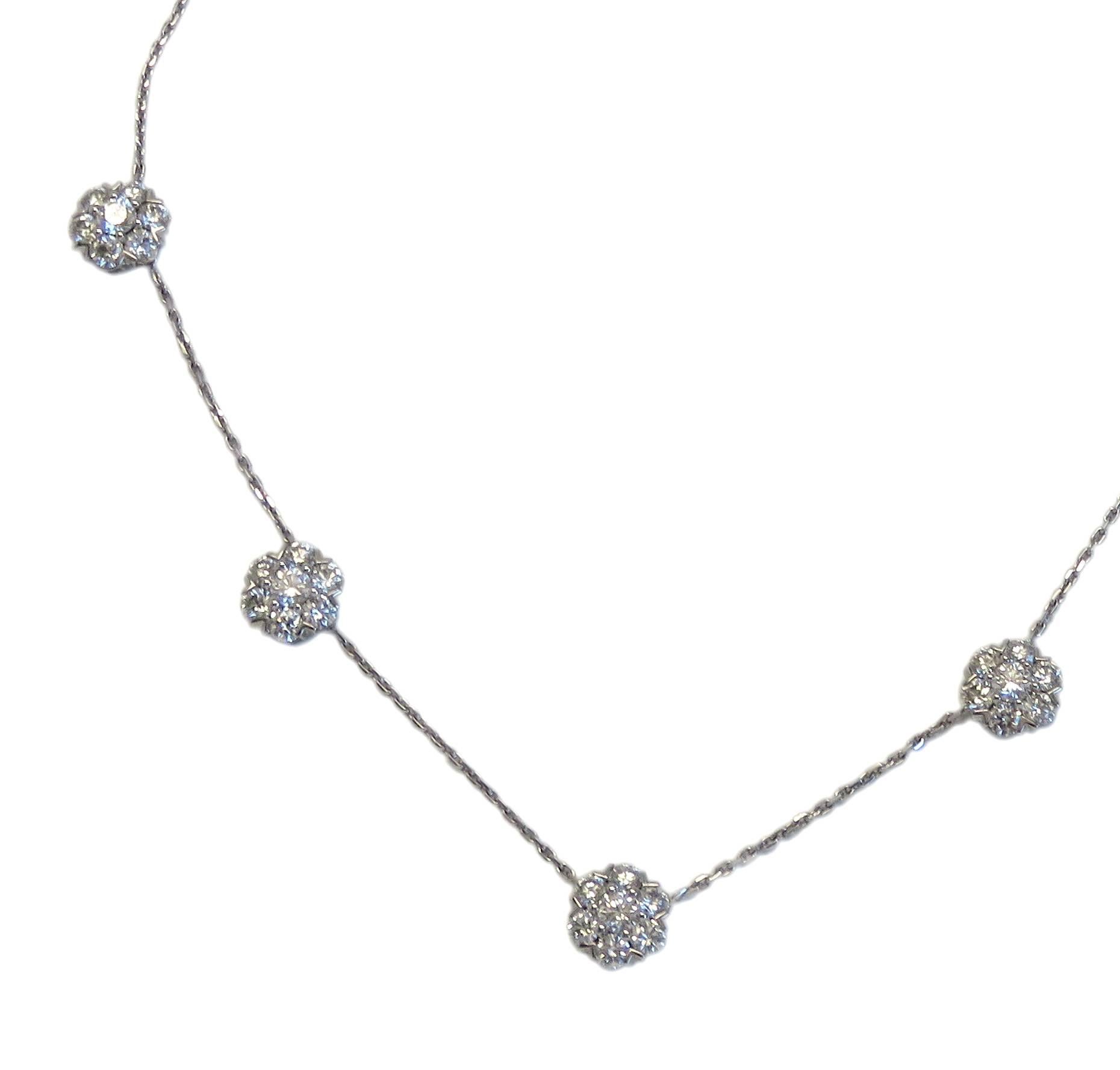 An 18k white gold necklace set with 4.7 carats of DEF/IF-VVS diamonds.  Crafted by Van Cleef & Arpels for the Fleurette collection, the necklace currently retails for $63,500. The necklace is 17