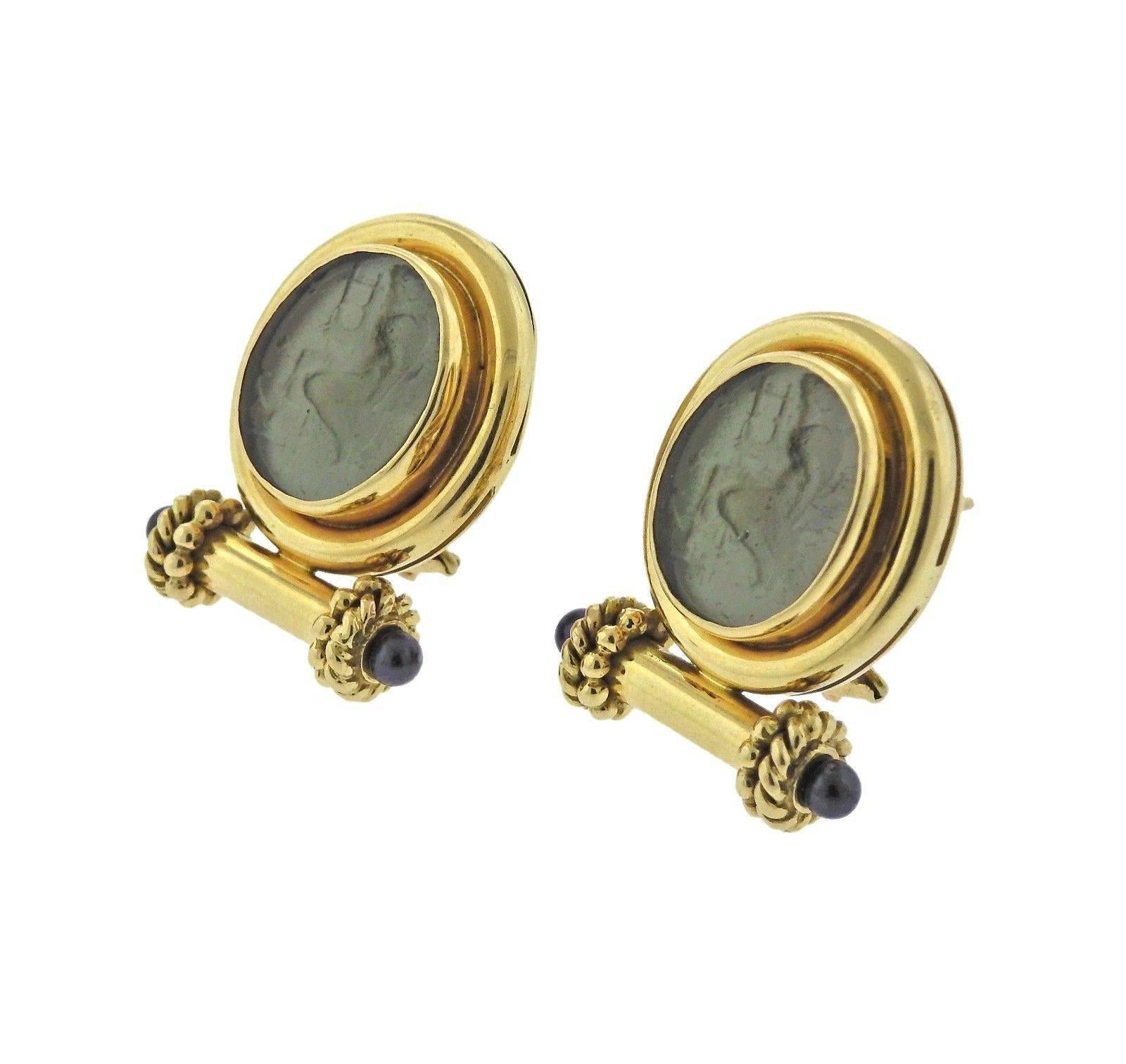 A pair of 18k yellow gold earrings set with Venetian glass intaglio and 3.2mm pearls.  The earrings measure 28mm x 22mm and weigh 11.1 grams.  Marked: Maker's Mark, 18k.