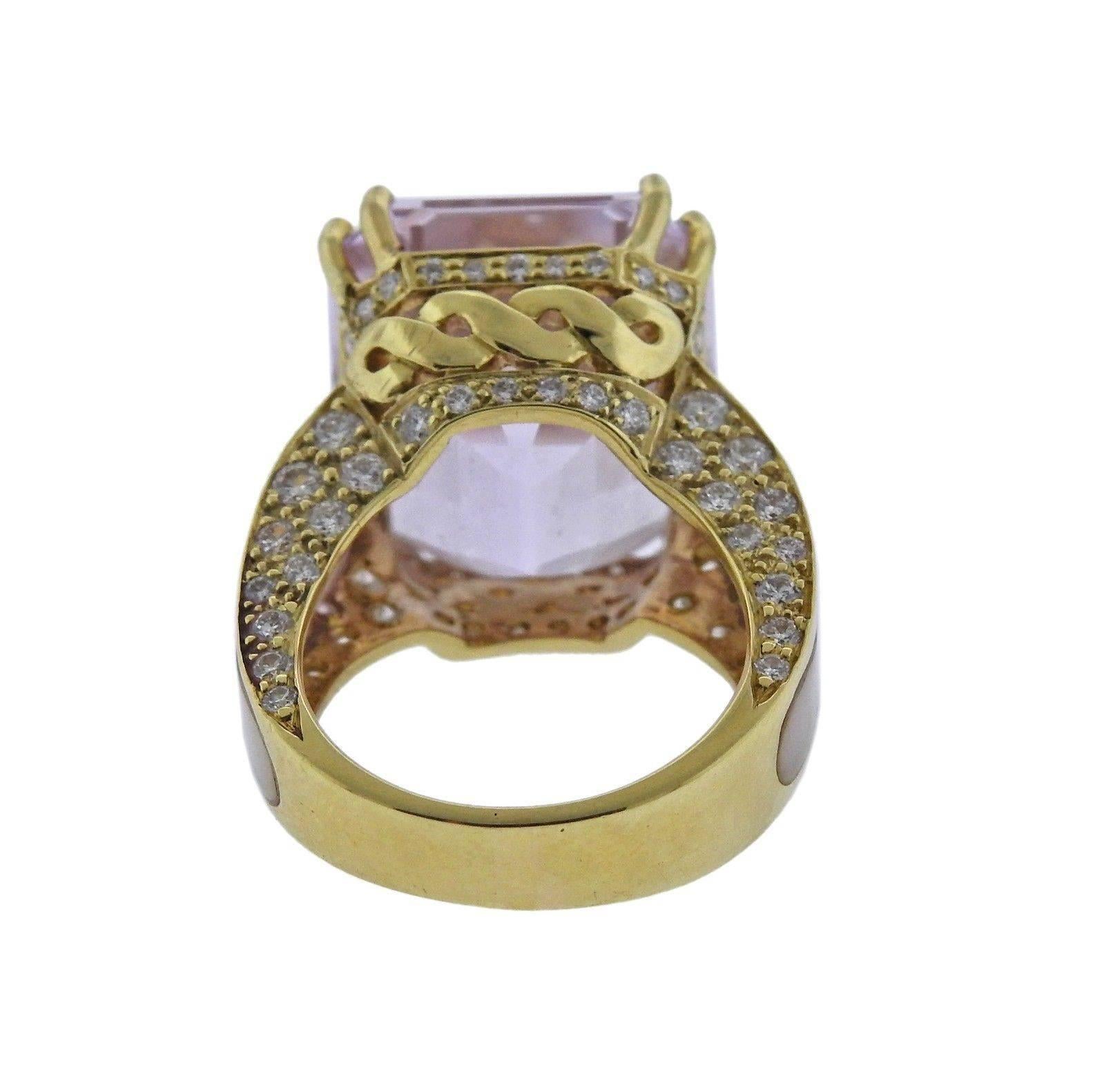 20 Carat Kunzite Diamond Mother-of-Pearl Gold Ring 1