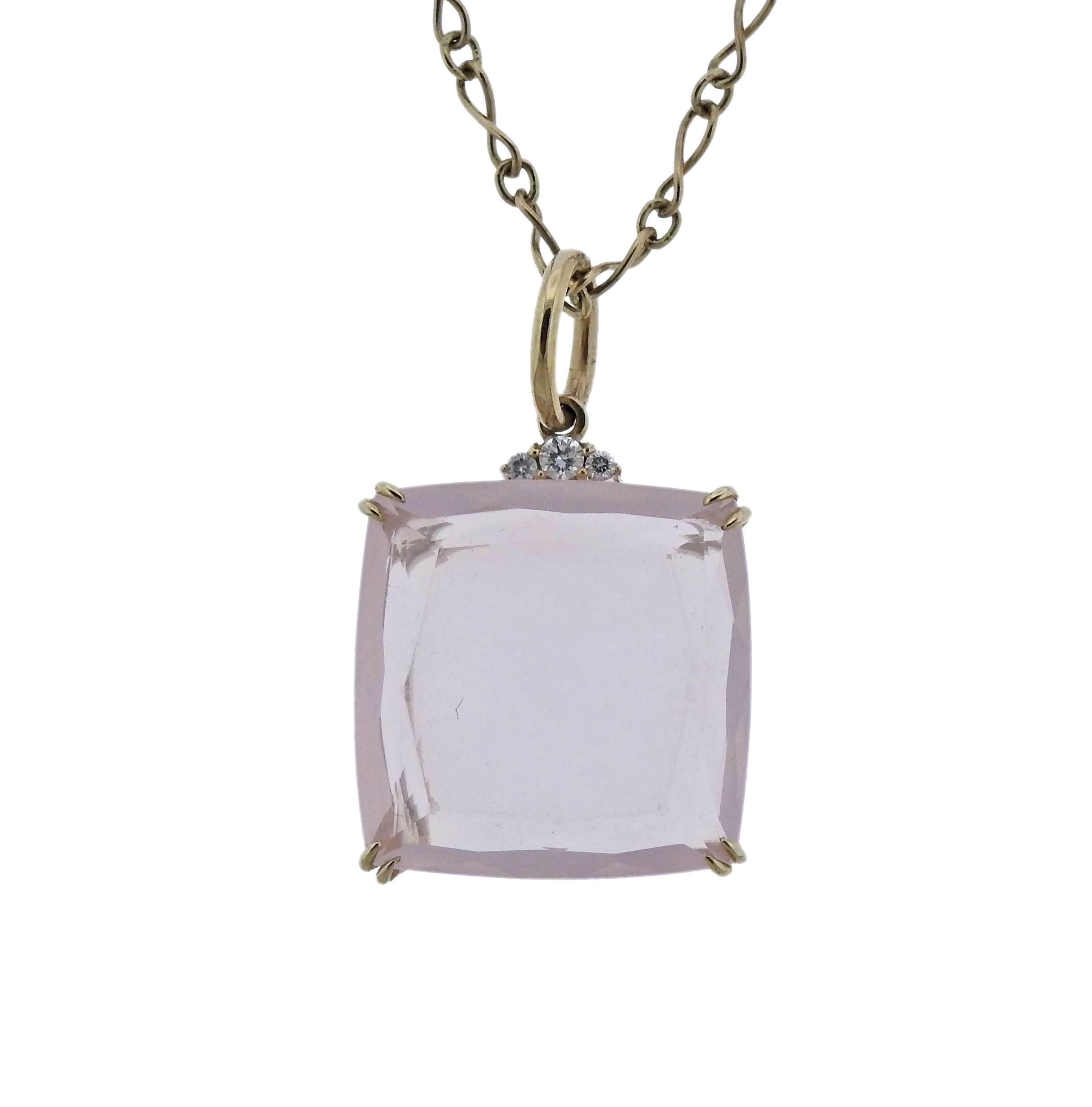 18k yellow gold necklace, crafted by H. Stern , featuring Cobblestone rose quartz and diamond pendant. Necklace is 17 3/4" long, Pendant - 37mm x 23mm, weighs 16.5 grams. Marked:750, S and Star marks. 