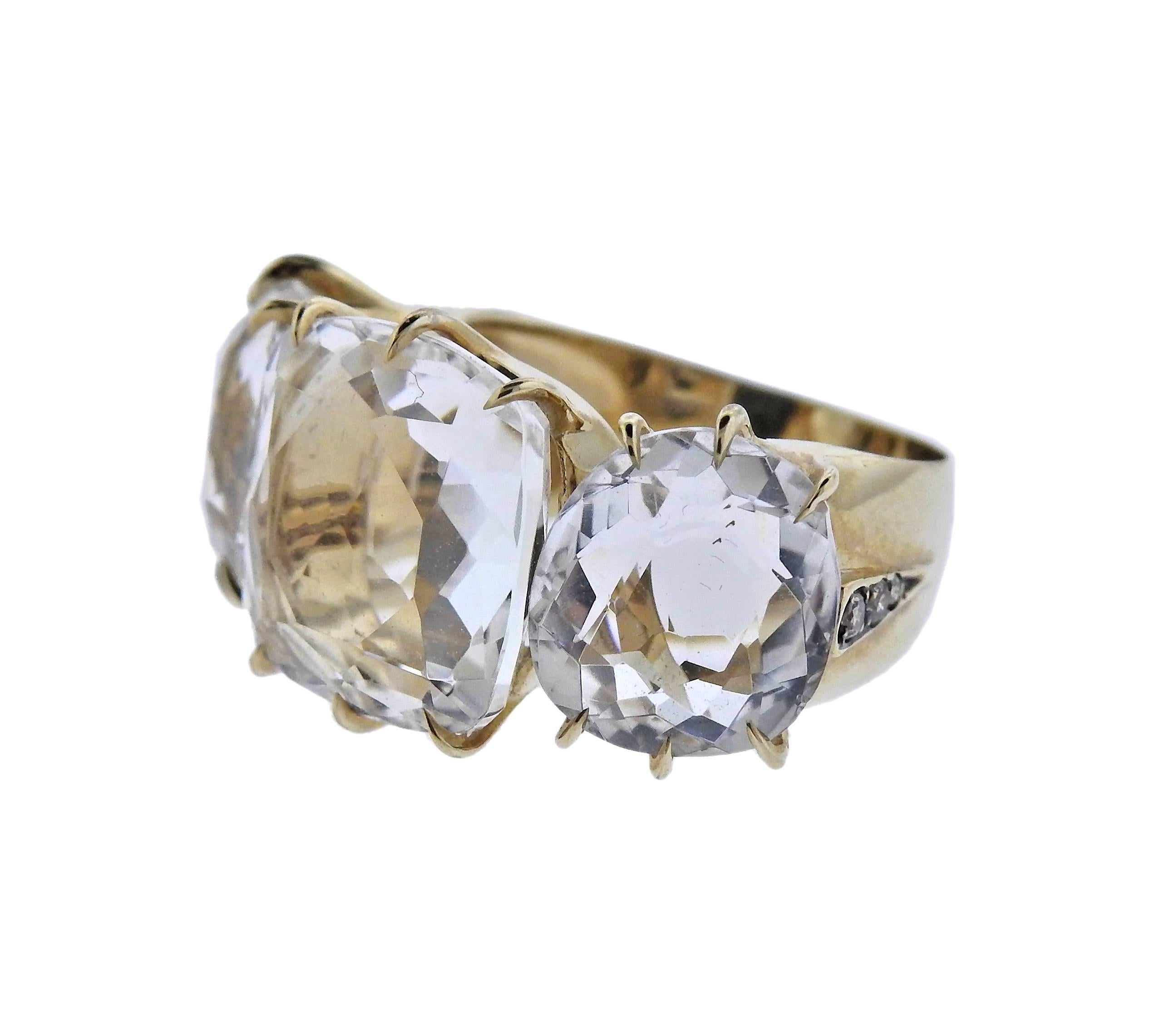 18k gold Moonlight collection ring, set with three faceted crystals.  Crafted by H. Stern, ring is size 5 1/2, ring top is 13mm x 25mm, weighs 9.5 grams. Marked: 750, Star and S marks.
