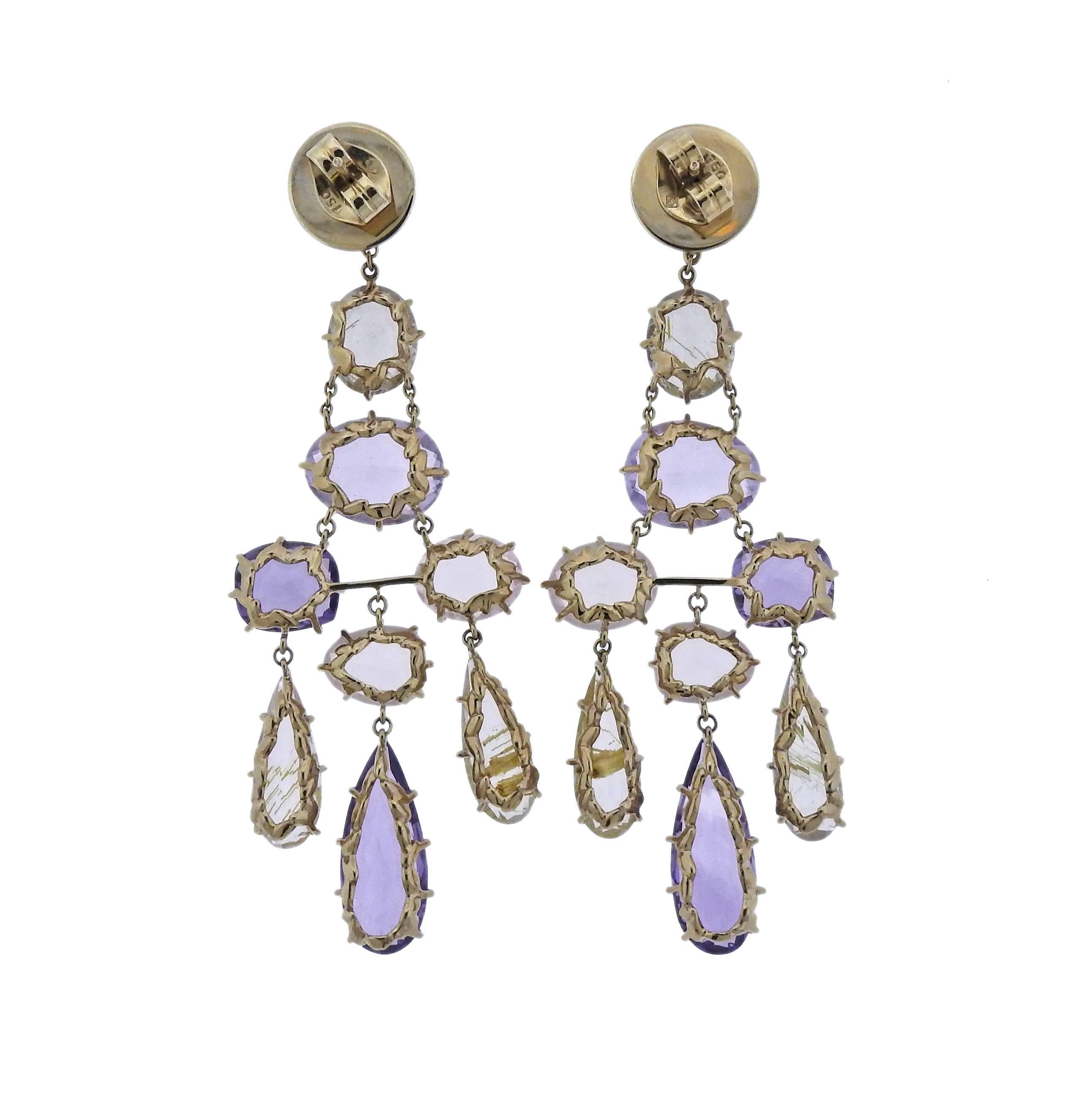 Pair of long chandelier earrings, set in 18k gold, crafted by H. Stern for Spring collection, decorated with amethysts and quartz stones. Earrings are 75mm x 28mm, weigh 23 grams. Marked: 750, Star and S marks. 