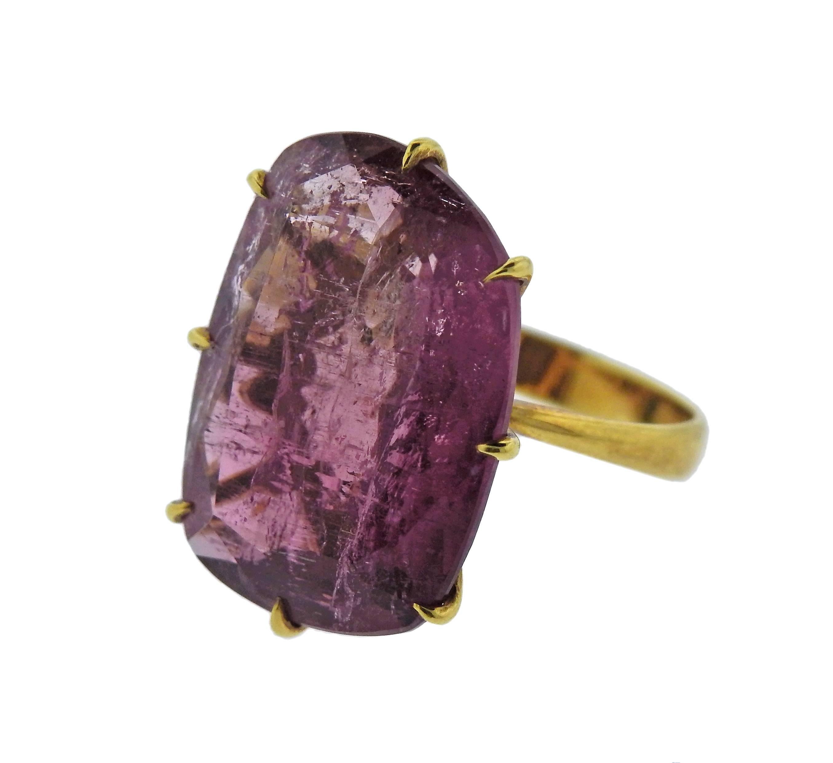 18k yellow gold ring, crafted by H. Stern for Sunrise collection, set with 21mm x 15mm pink tourmaline. Ring size 6, weighs 6.4 grams. Marked: 750, Star and S marks.