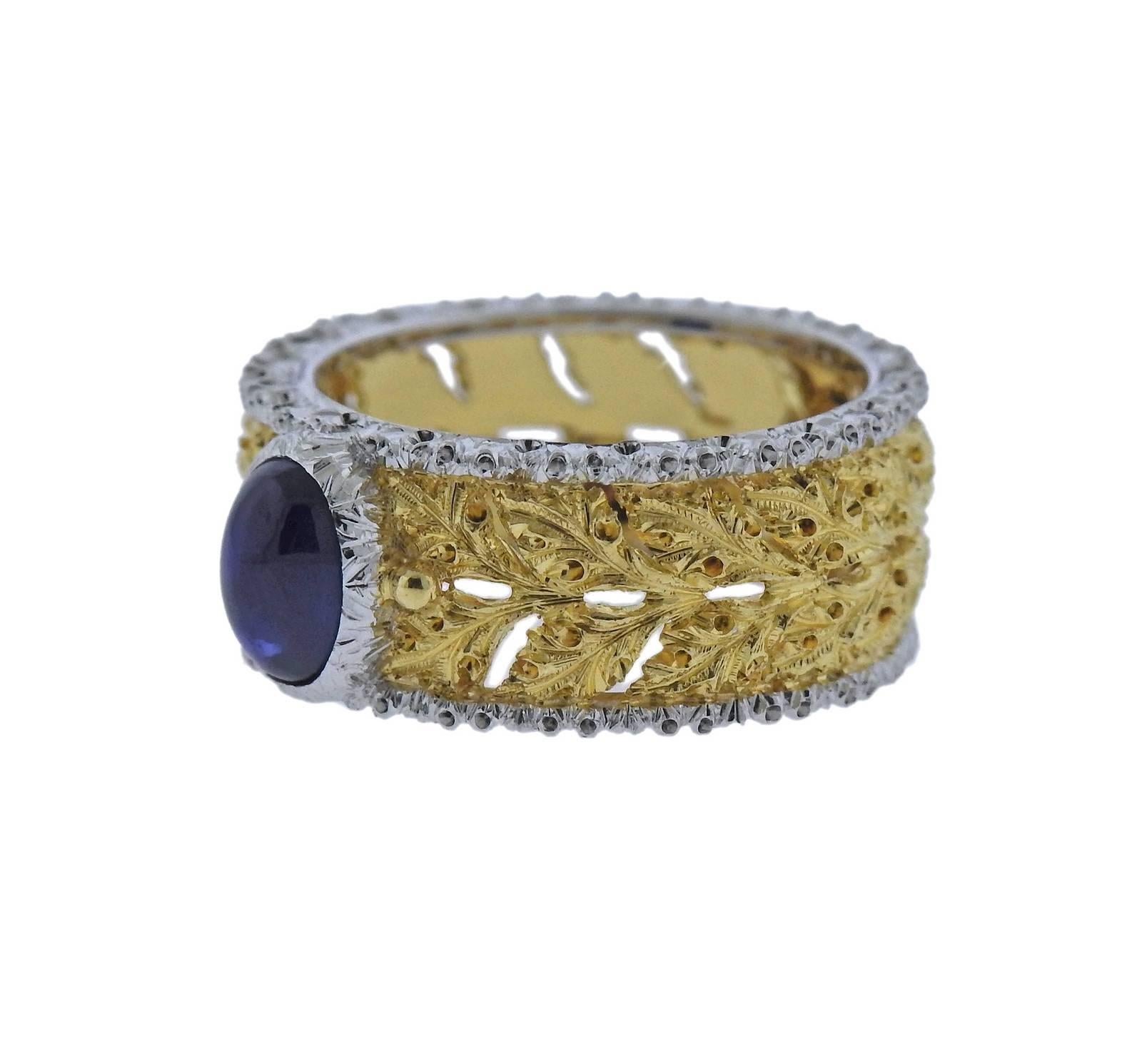 An 18k gold ring crafted by Buccellati. Features a 1.31ct cabohon sapphire. Ring size - 6, ring is 8.8mm wide, weight is 7.4 grams. Marked A2019, Italy, 18k, Gianmaria Buccellati .
