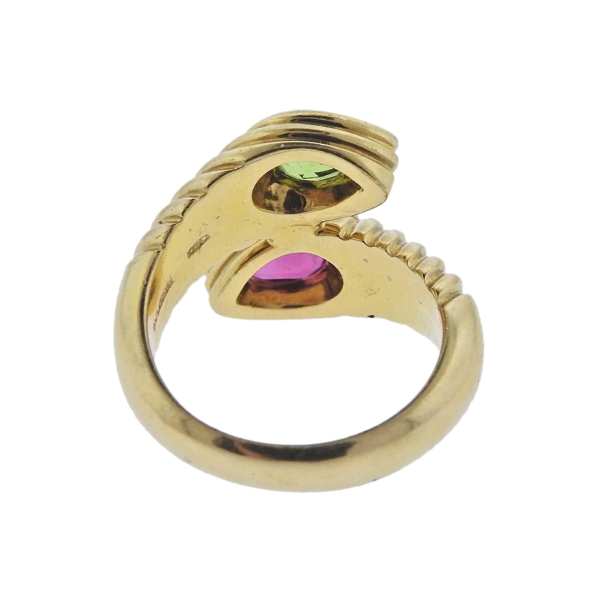 Bulgari Pink Tourmaline Peridot Gold Ring In Excellent Condition In Lambertville, NJ