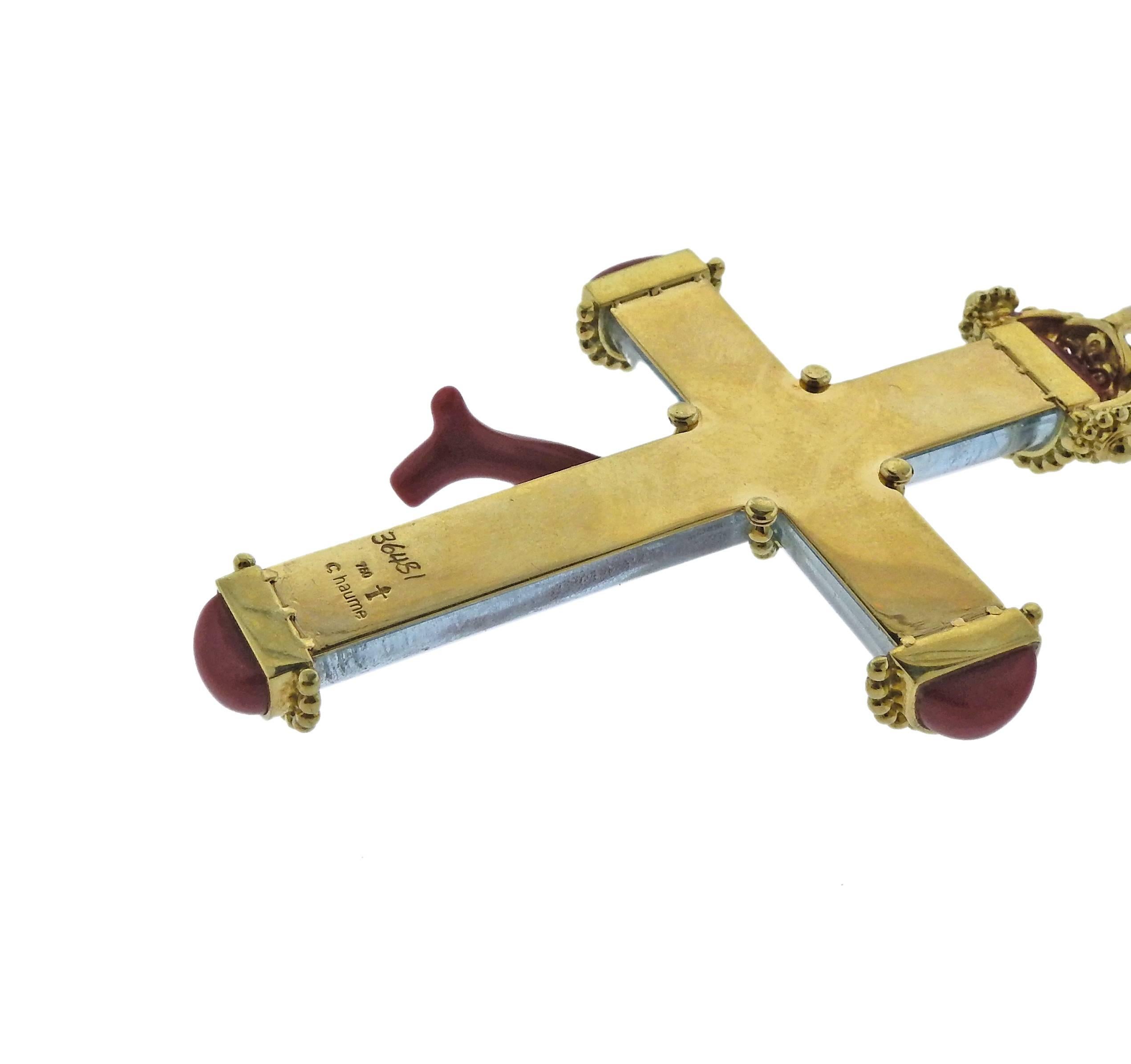 Adria de Haume Coral Aquamarine Gold Cross Pendant In Excellent Condition In Lambertville, NJ