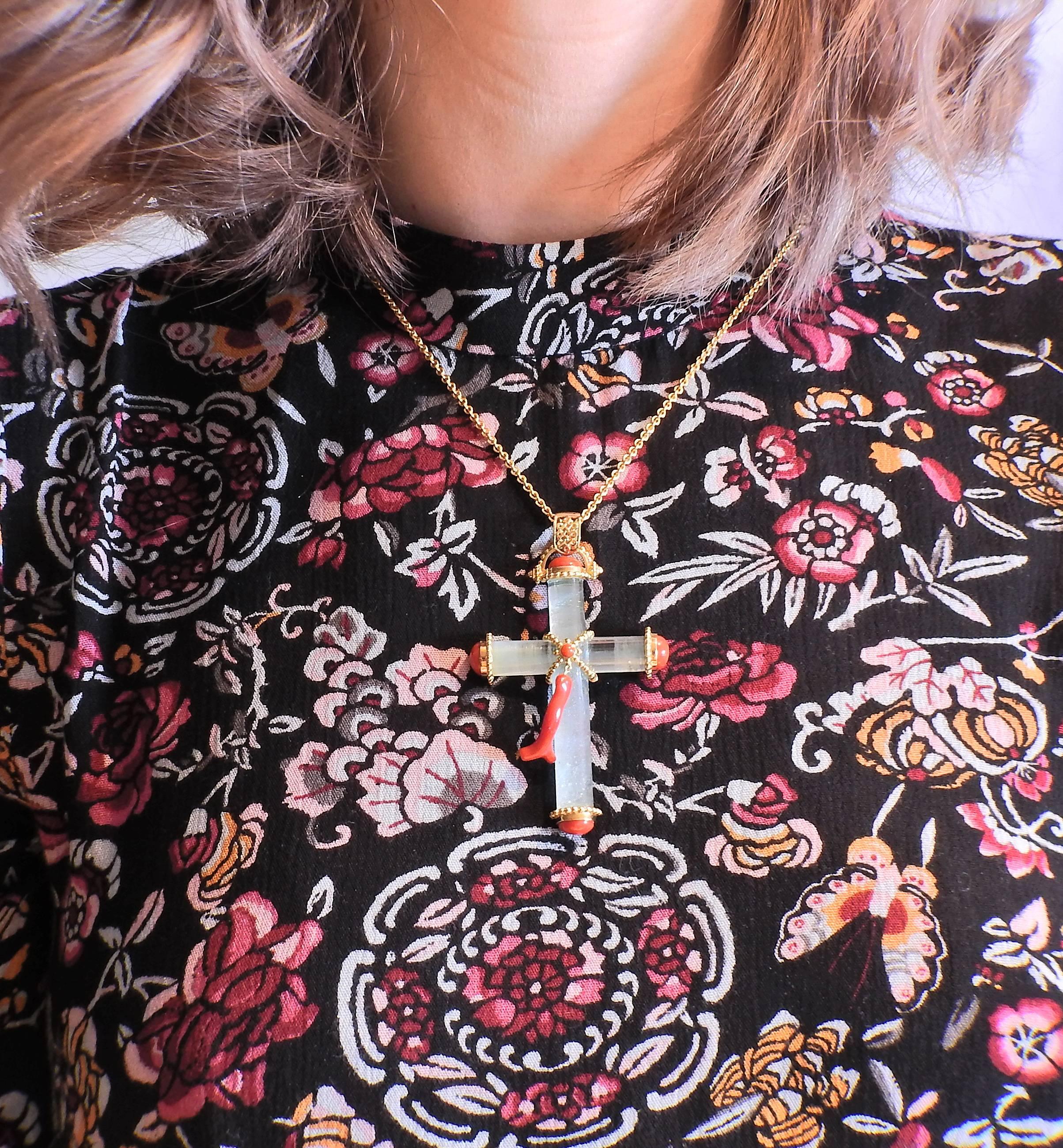 Women's or Men's Adria de Haume Coral Aquamarine Gold Cross Pendant