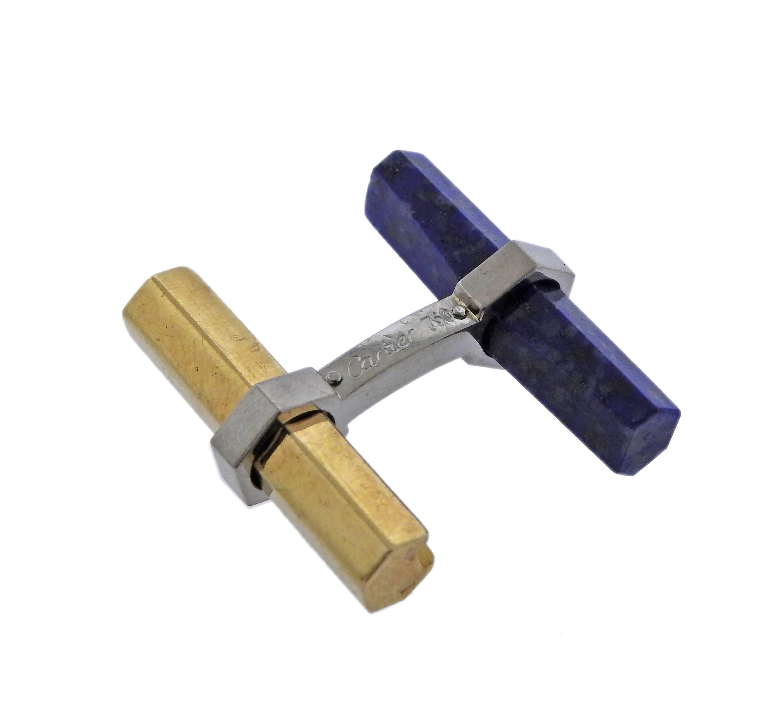 Cartier Lapis Lazuli 18k Gold Bar Cufflinks In Excellent Condition For Sale In Lambertville, NJ