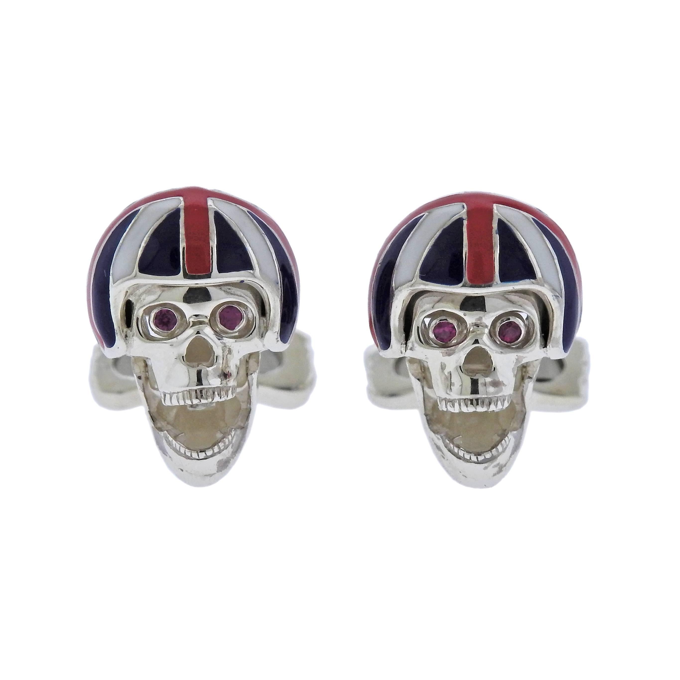 Deakin & Francis Silver Pink Spinel Skull Union Jack Helmet Cufflinks For Sale