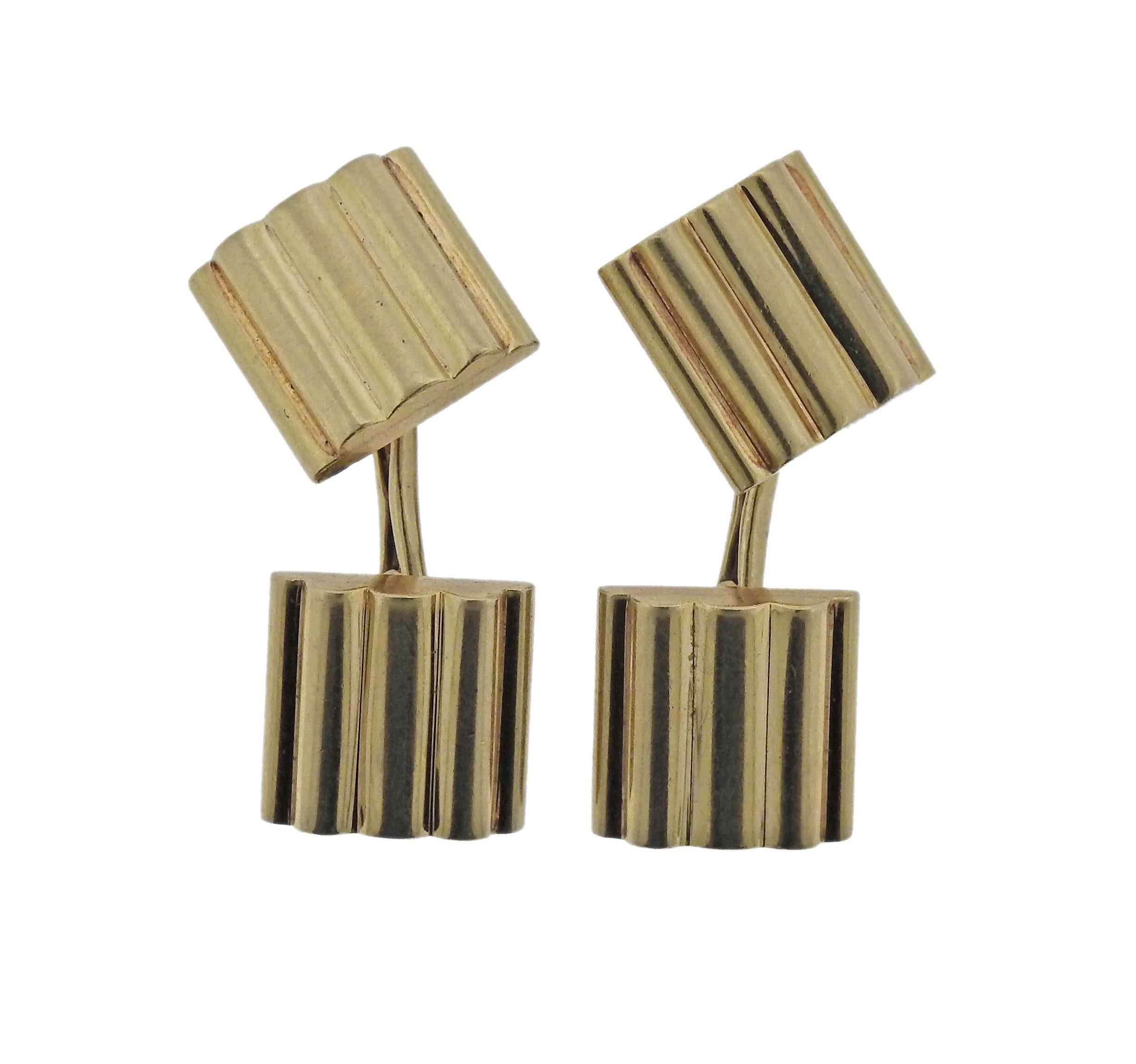 Pair of vintage 14k yellow gold cufflinks, crafted by Tiffany & Co. Cufflink tops measure 13mm x 13mm, weigh 17.3 grams. Marked: Tiffany & Co., 14K.