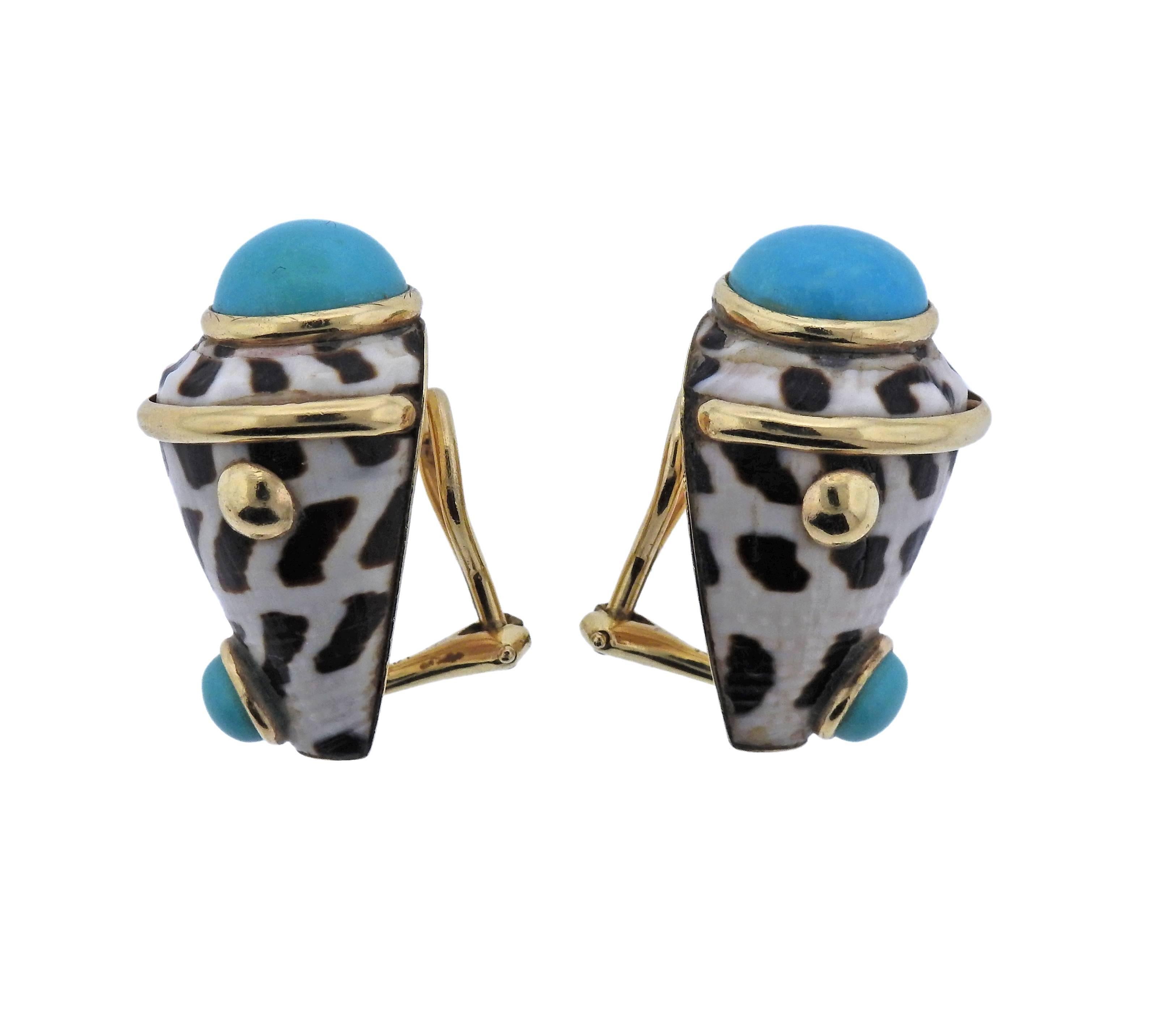 Pair of 14k yellow gold earrings by Maz, set with shell and turquoise. Earrings are 25mm x 18mm, weigh 14.6 grams. Marked: MAZ, 14k.