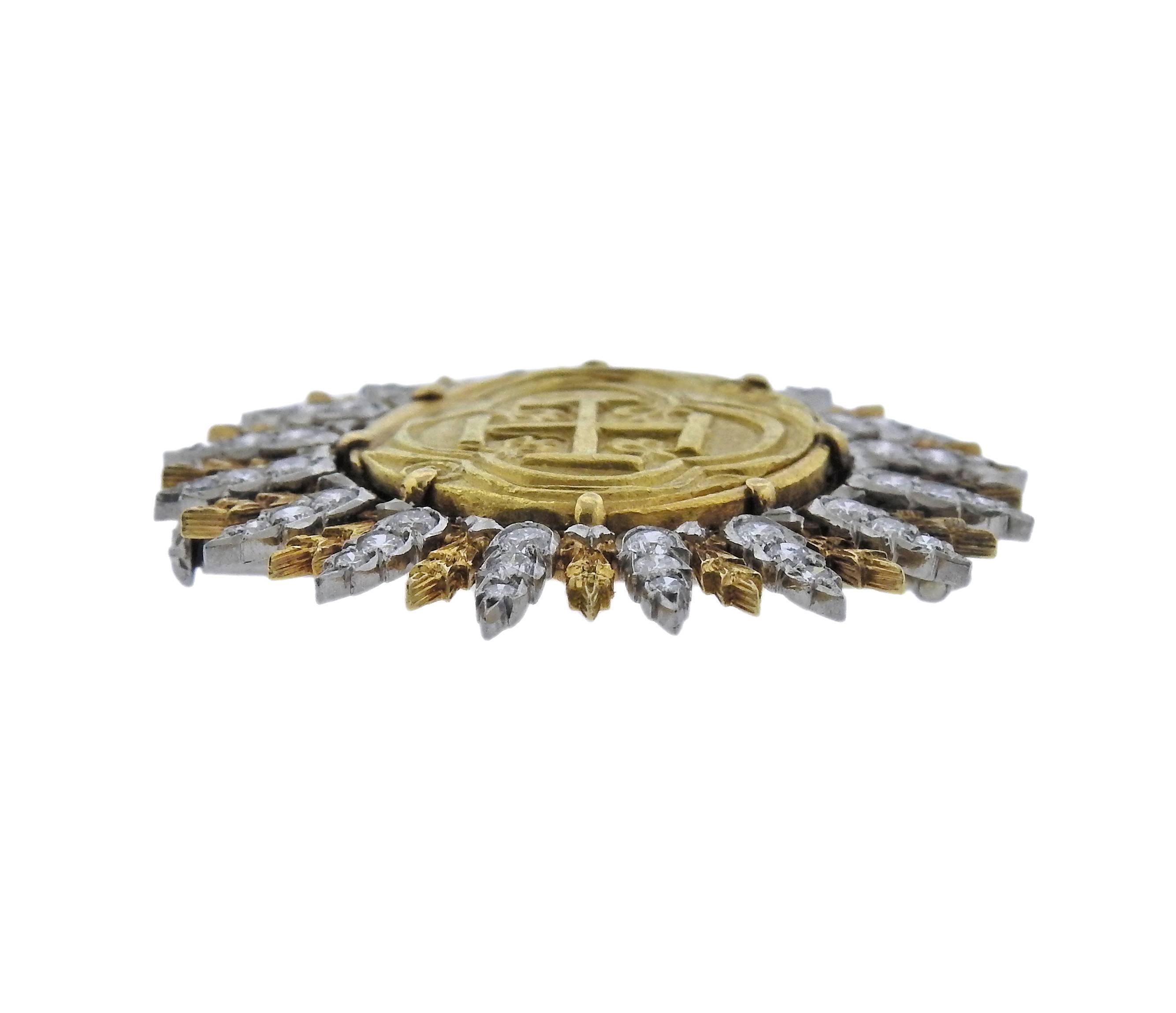 Impressive 18k gold Buccellati brooch, decorated with ancient Byzantine empire coin, surrounded with approx. 1.00ctw in diamonds.  Brooch is 36mm in diameter , weighs 17.3 grams. Marked: Buccellati.