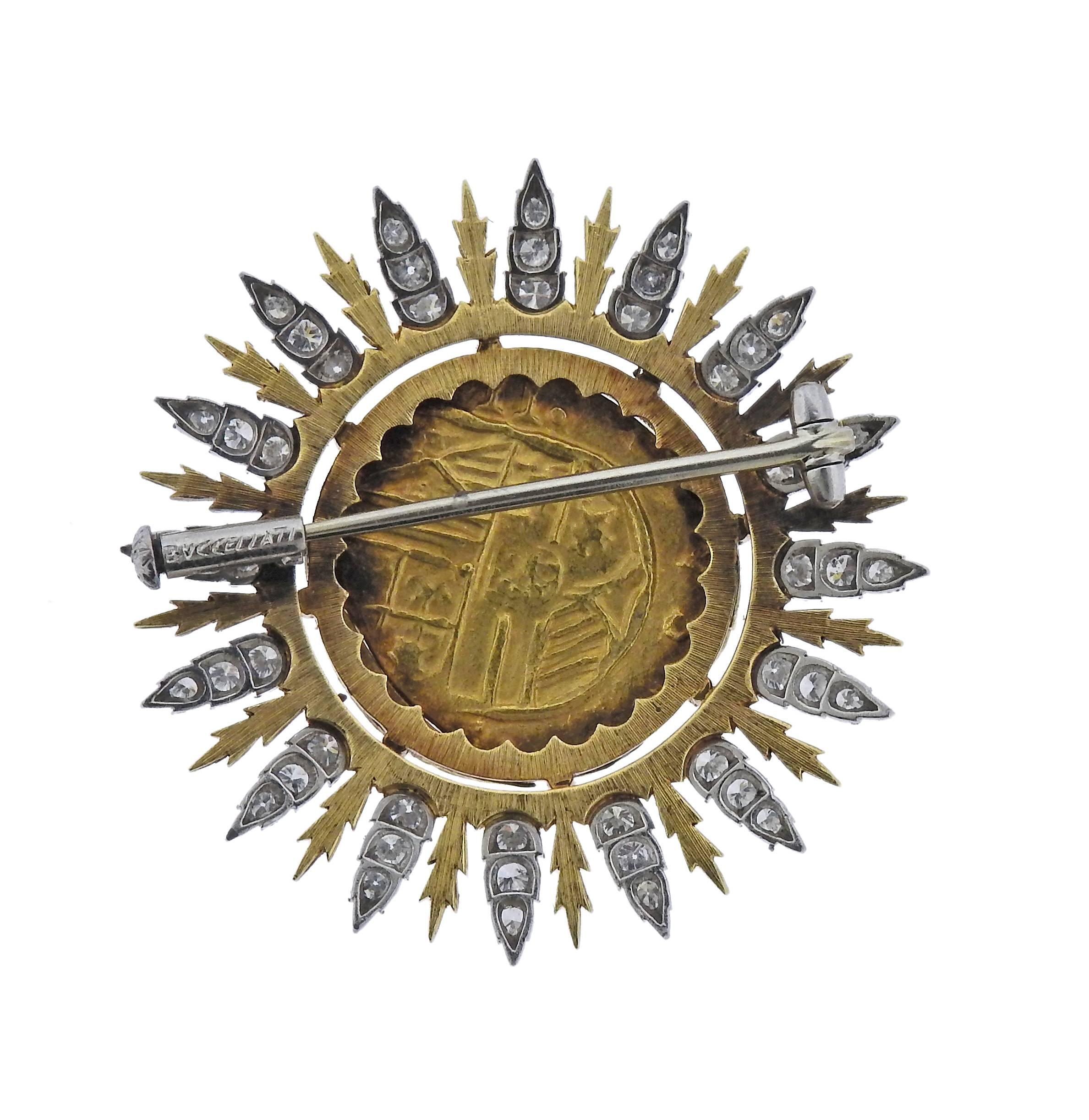 Buccellati Byzantine Ancient Coin Diamond Gold Brooch In Excellent Condition In Lambertville, NJ