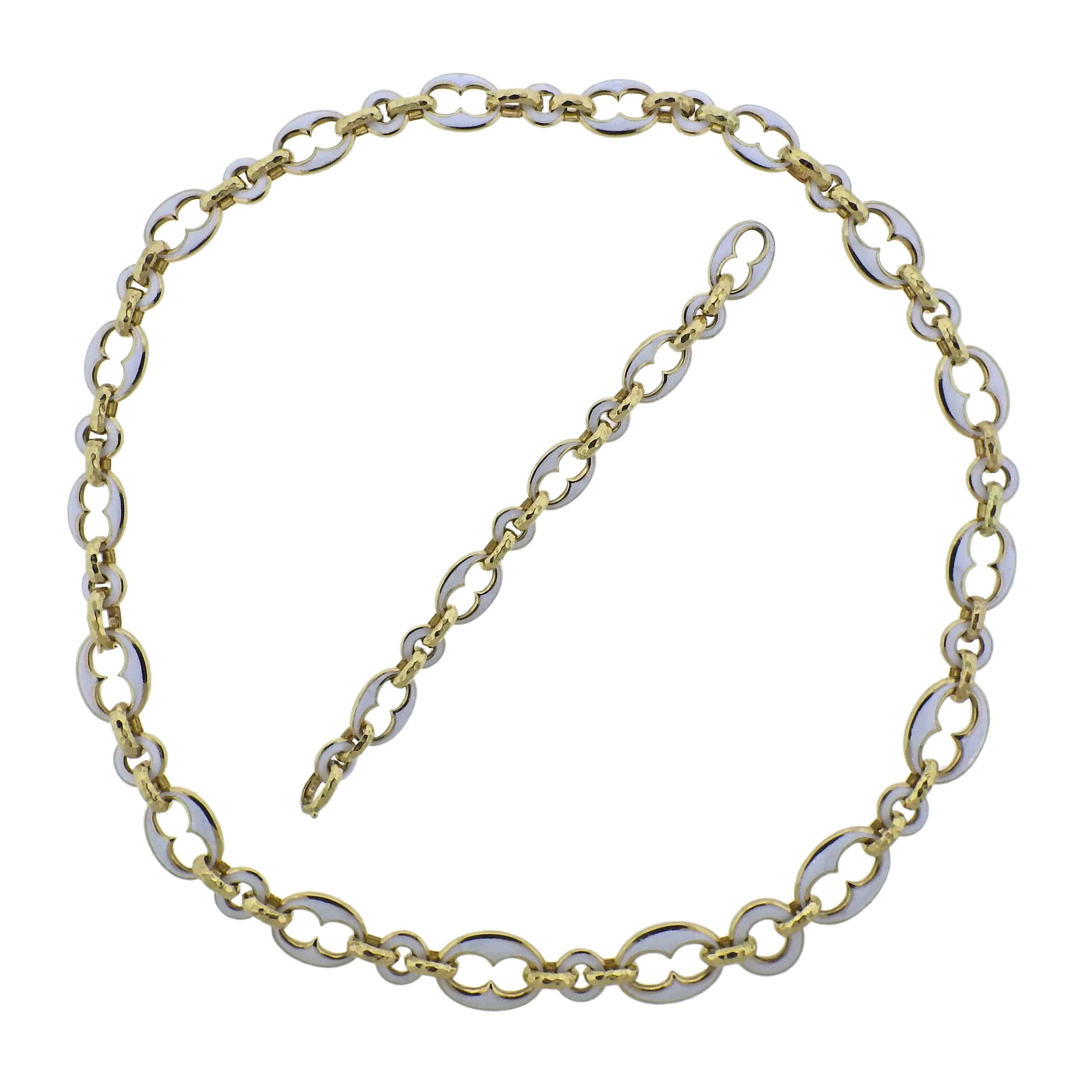 David Webb White Enamel Gold Necklace Bracelet Suite