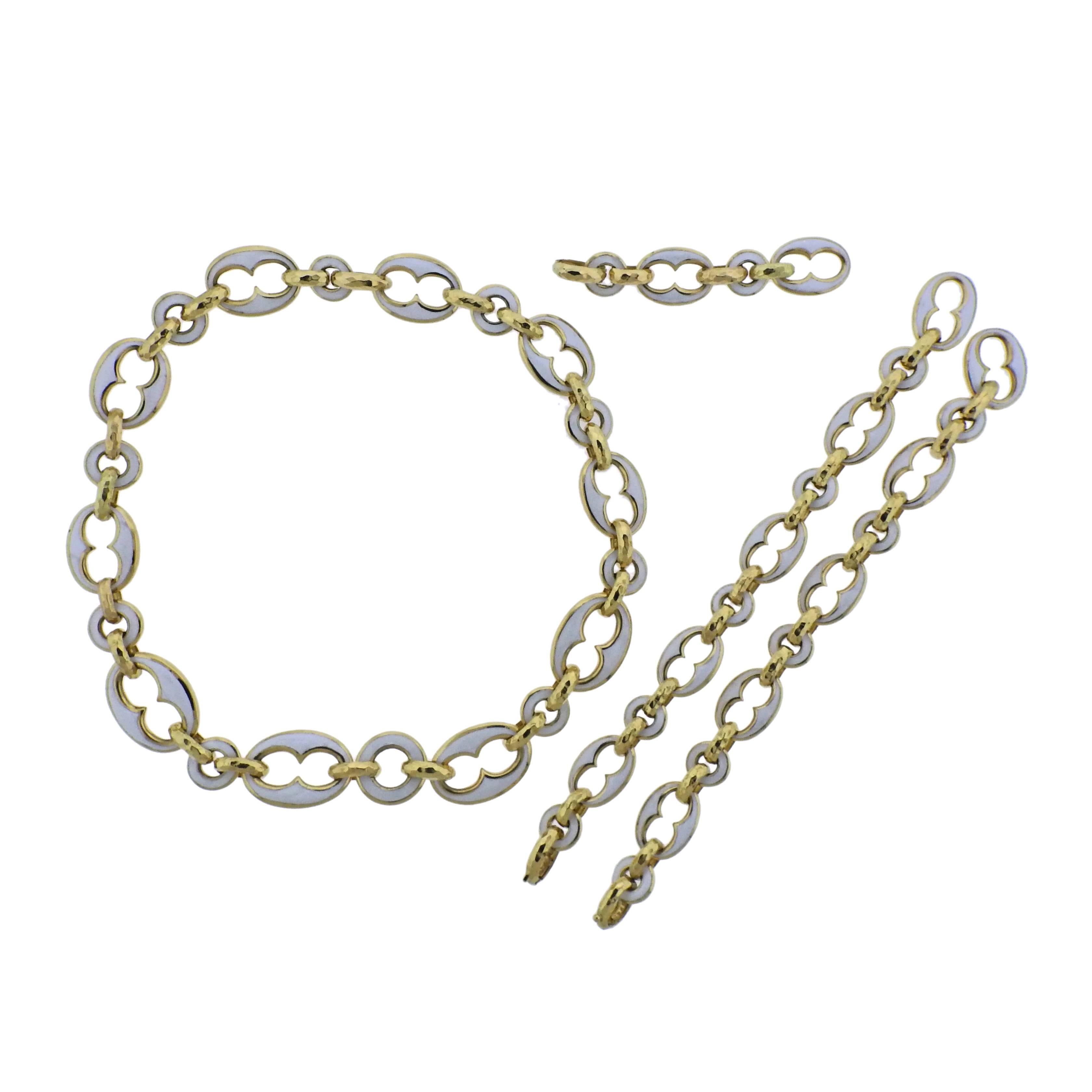 David Webb White Enamel Gold Necklace Bracelet Suite 3