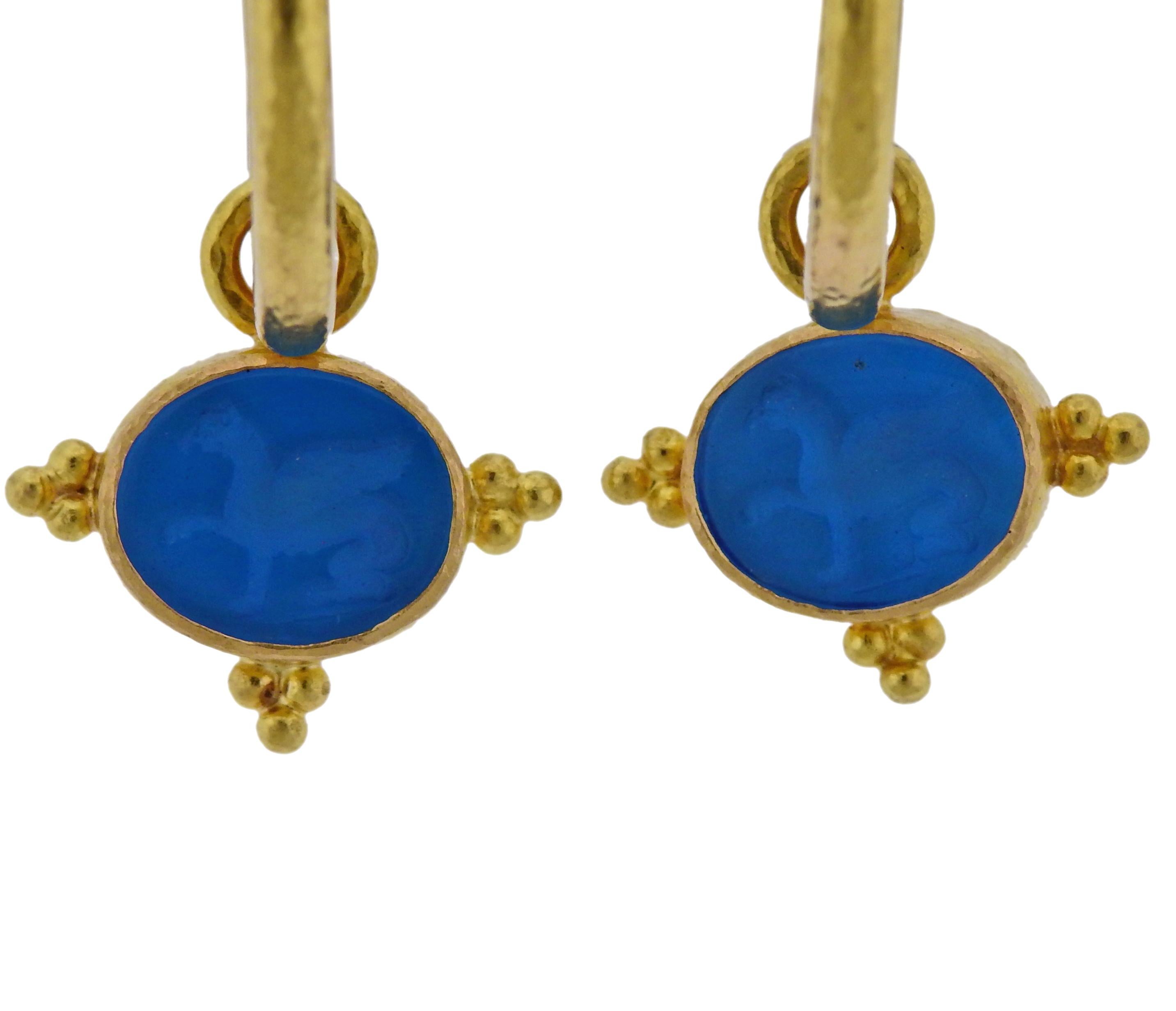 Pair of 19k yellow gold hoop earrings with removable drops, set with blue  Venetian glass intaglios, backed with mother of pearl. Designed by Elizabeth Locke. Approximate retail for hoops only $1850, pendants only - $1700. Earrings are 35mm long,