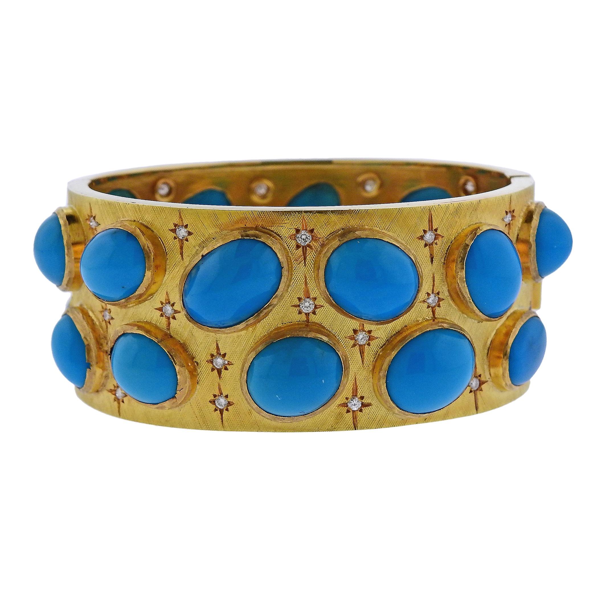 1960s Turquoise Diamond Gold Bangle Bracelet