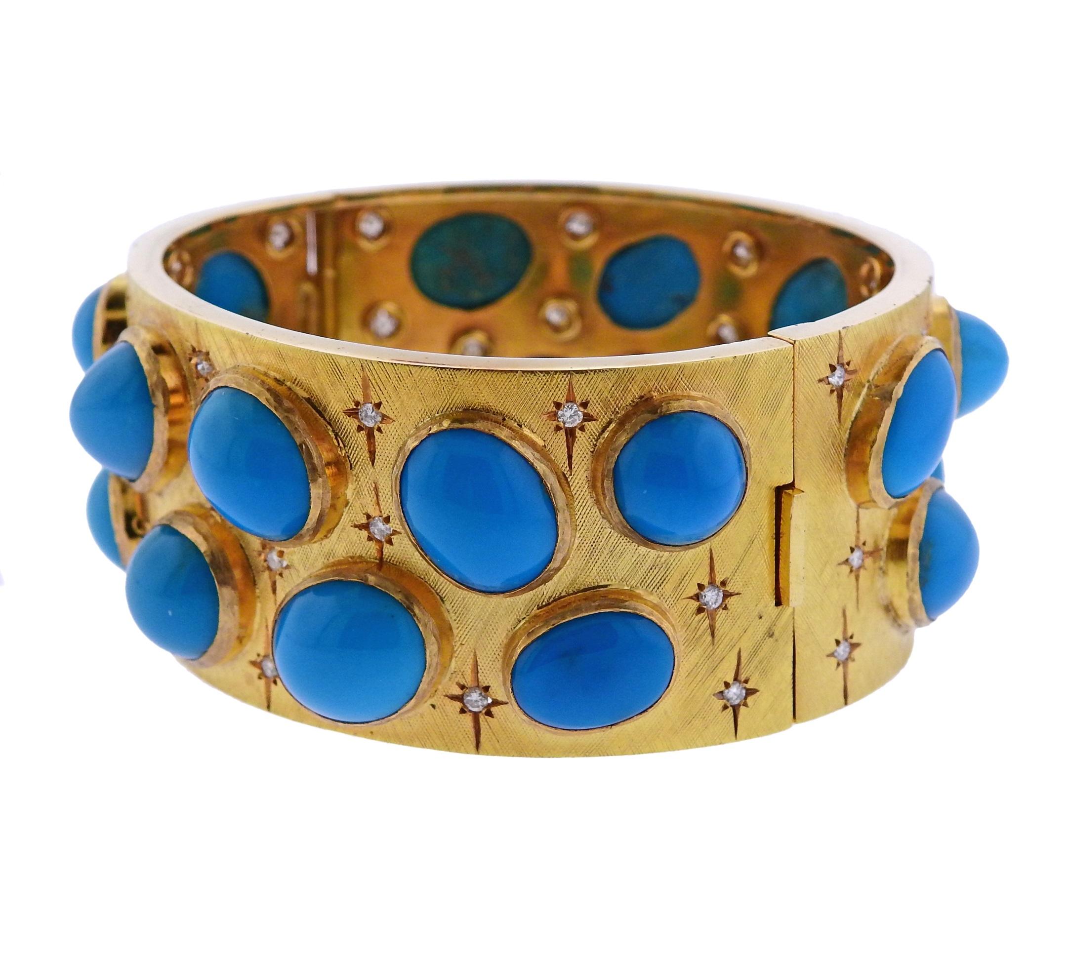 18k yellow gold bangle bracelet, decorated with turquoise gemstones and approximately 1.00ctw in GH/VS diamonds. 18k yellow gold bangle bracelet, decorated with turquoise gemstones and approximately 1.00ctw in GH/VS diamonds.  Bracelet will fit