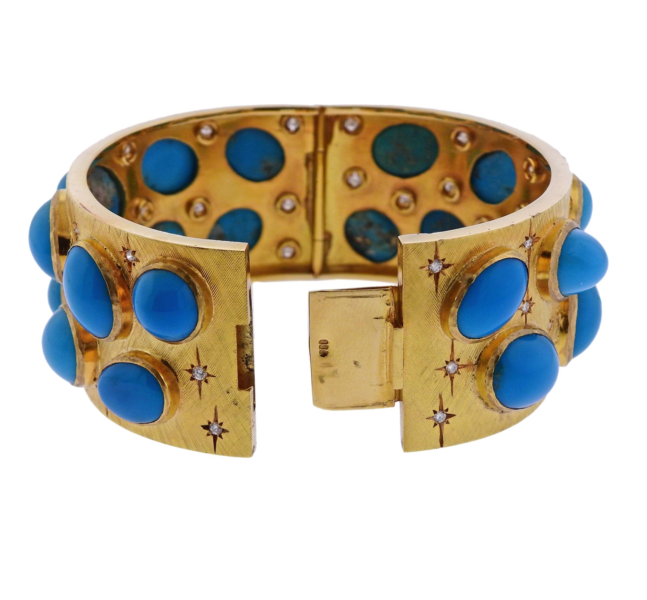 1960s Turquoise Diamond Gold Bangle Bracelet In Excellent Condition In Lambertville, NJ