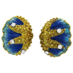 1960s Whimsical Enamel Diamond Gold Shell Starfish Earrings