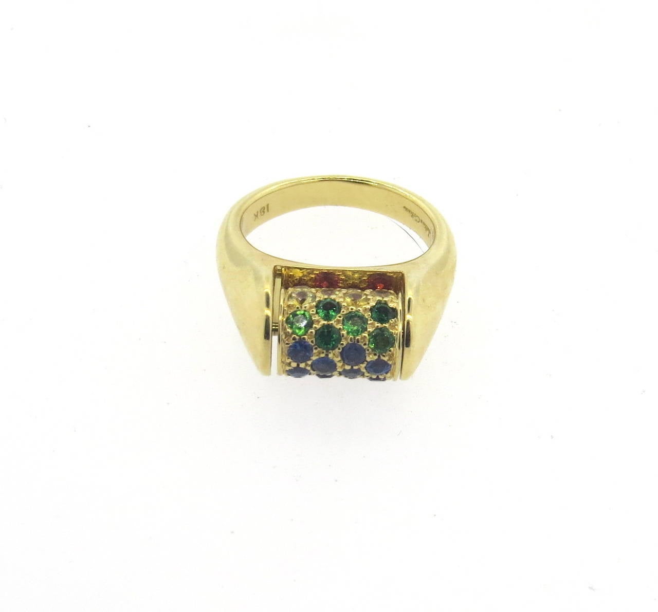 Whimsical Julius Cohen Multicolor Gemstone Gold Barrel Movable Ring In Excellent Condition In Lambertville, NJ