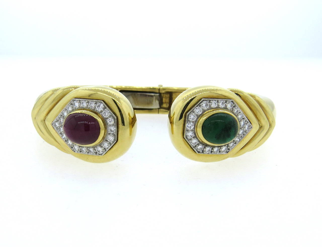 David Webb Ruby and Emerald Cabochon Diamond Gold Platinum Cuff Bracelet In Excellent Condition For Sale In Lambertville, NJ