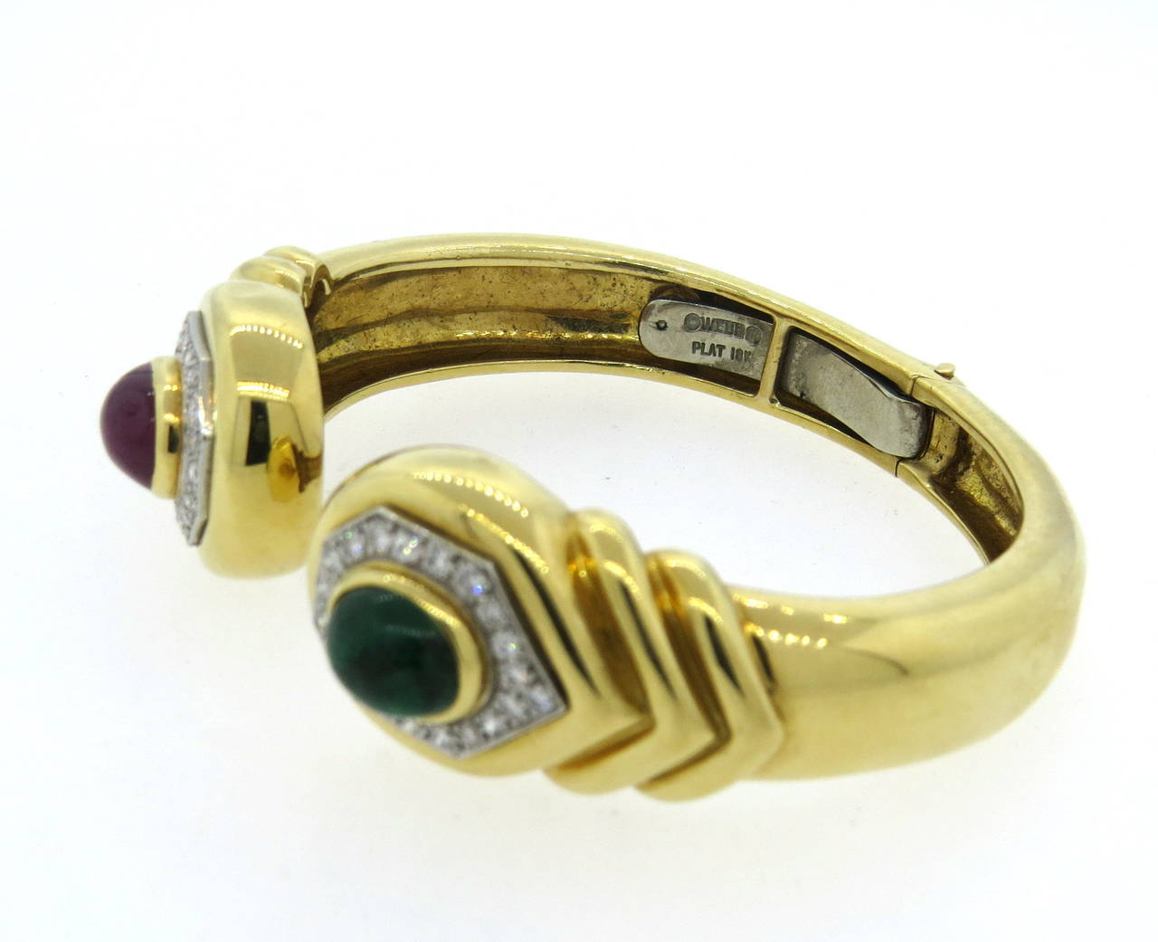 David Webb Ruby and Emerald Cabochon Diamond Gold Platinum Cuff Bracelet For Sale 1