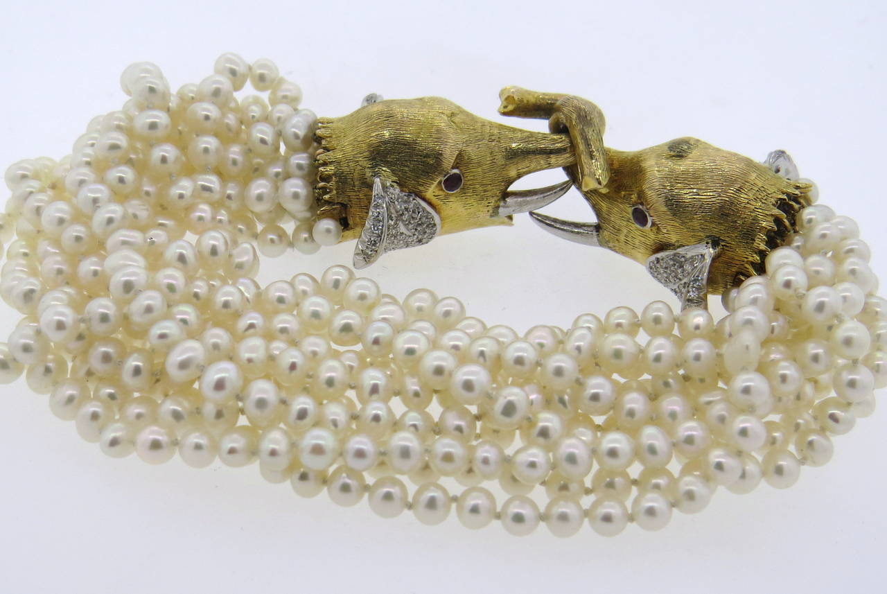 1960s Pearl Ruby Diamond Gold Multi Strand Elephant Head Bracelet 2