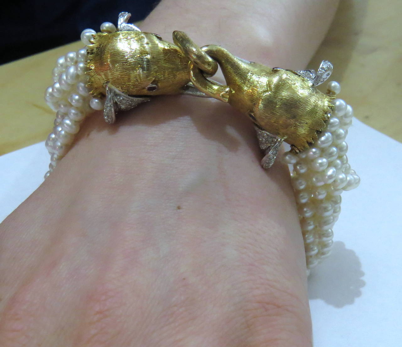 Women's 1960s Pearl Ruby Diamond Gold Multi Strand Elephant Head Bracelet