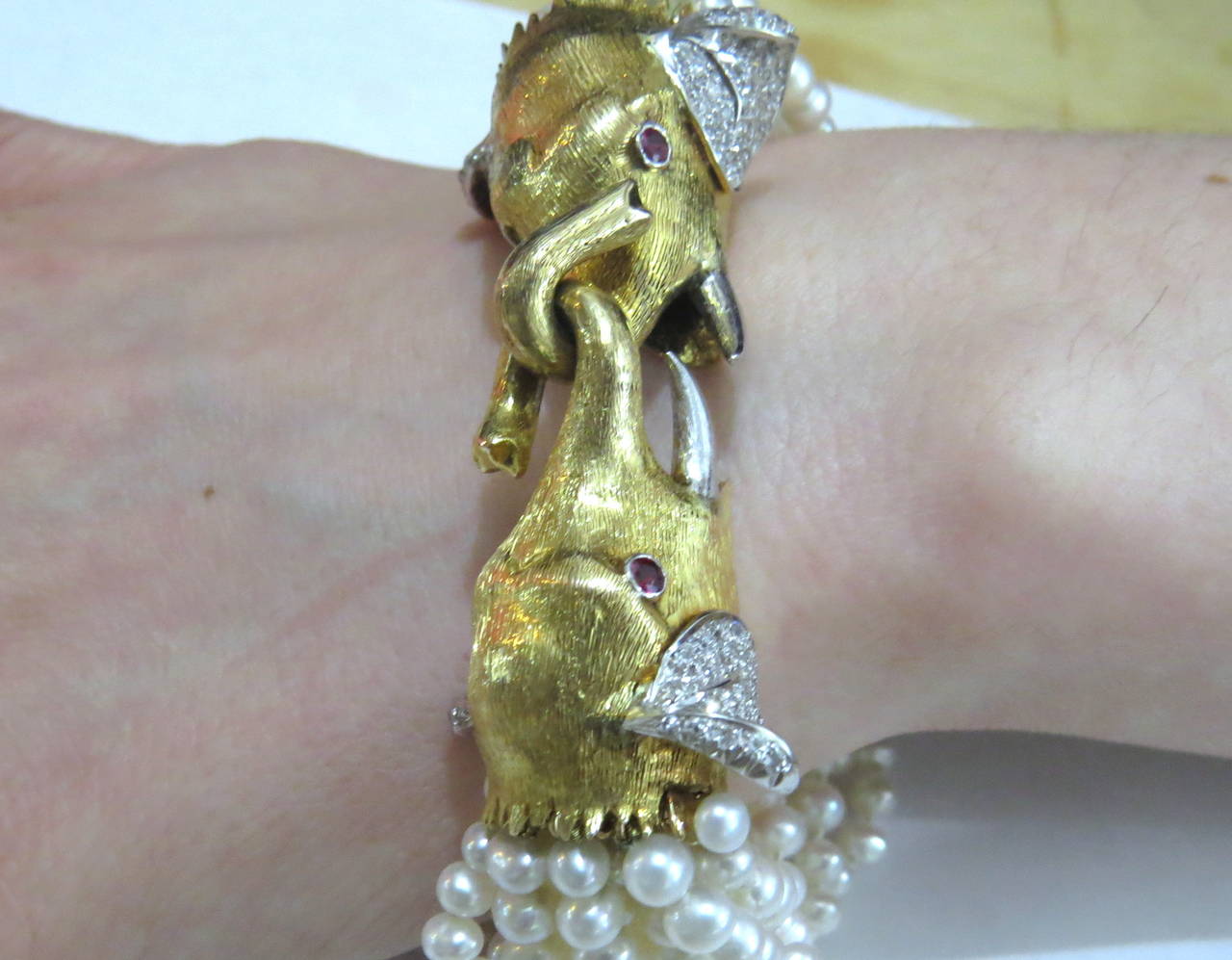 1960s Pearl Ruby Diamond Gold Multi Strand Elephant Head Bracelet 3