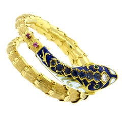 1950s Enamel Ruby Emerald Sapphire Diamond Gold Snake Bracelet