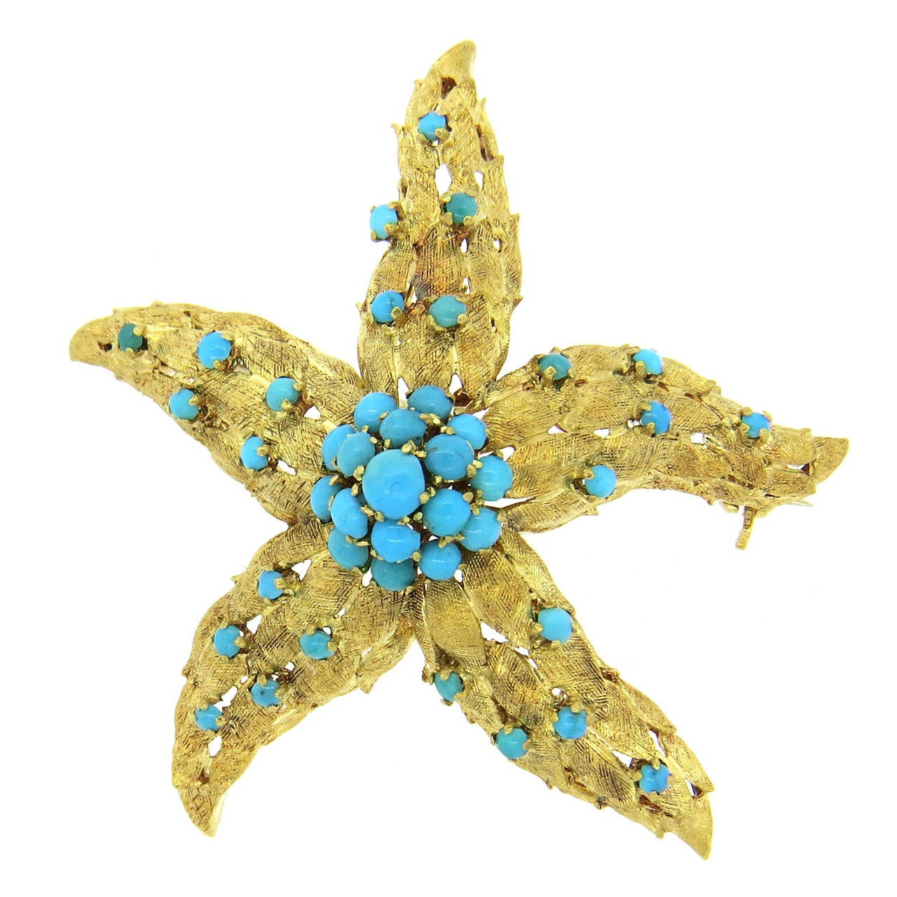 1960s Italian Turquoise Brushed Gold Starfish Brooch