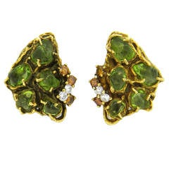 1970s Arthur King Peridot Fancy Diamond Gold Earrings