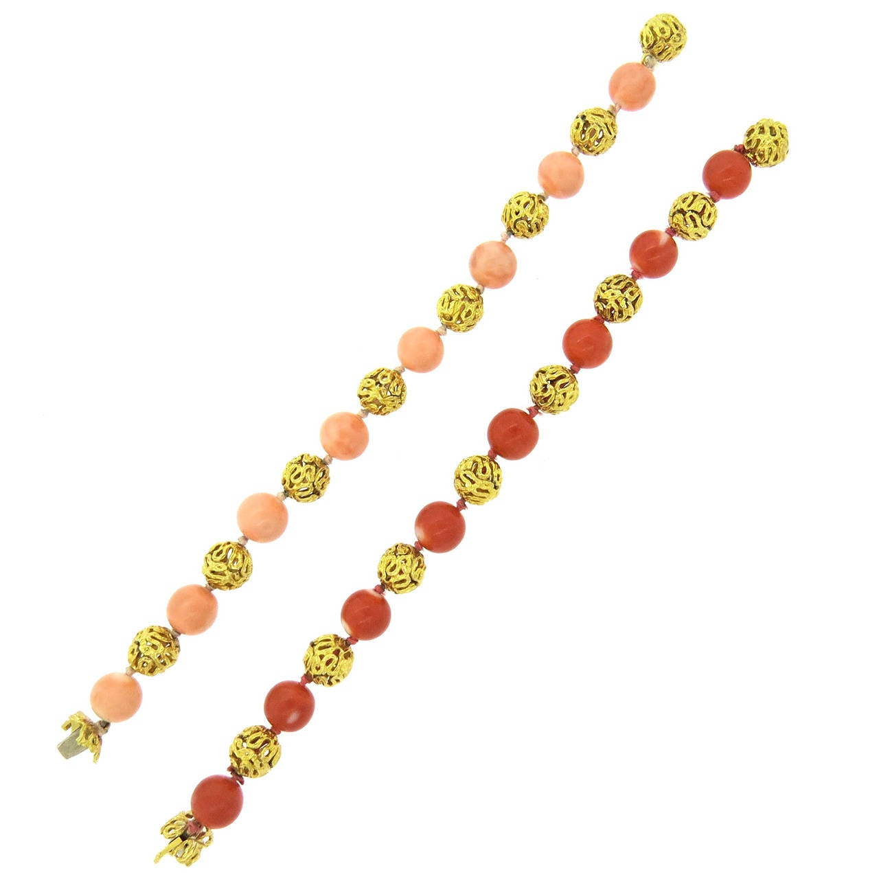 1960s Coral Bead Gold Bracelet Set