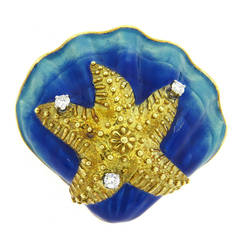 1960s Enamel Diamond Gold Starfish Shell Brooch