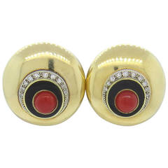 Chic Red Coral Onyx Diamond Gold Earrings